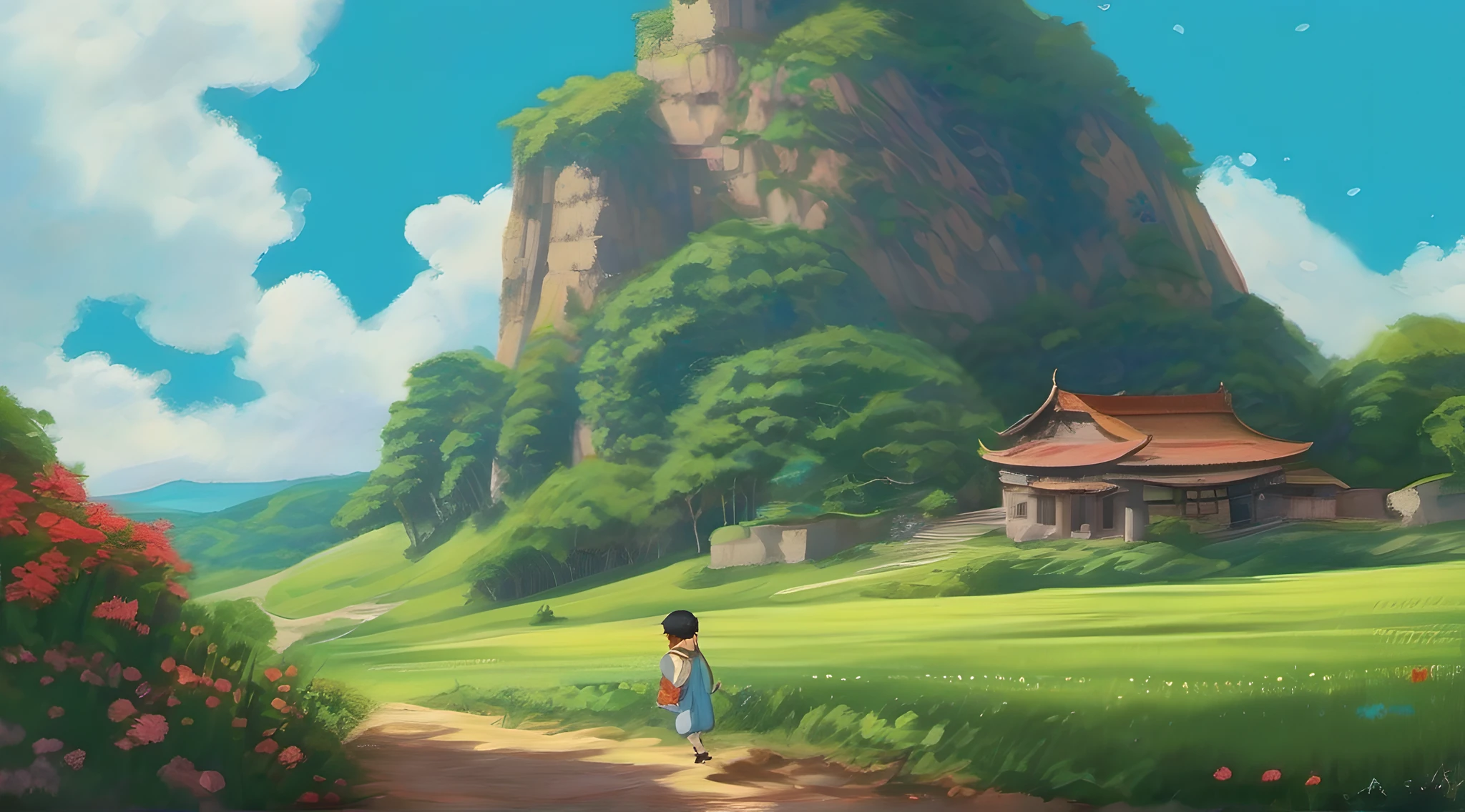 hilltop,blue-sky,baiyun,in style of ghibli,childhood