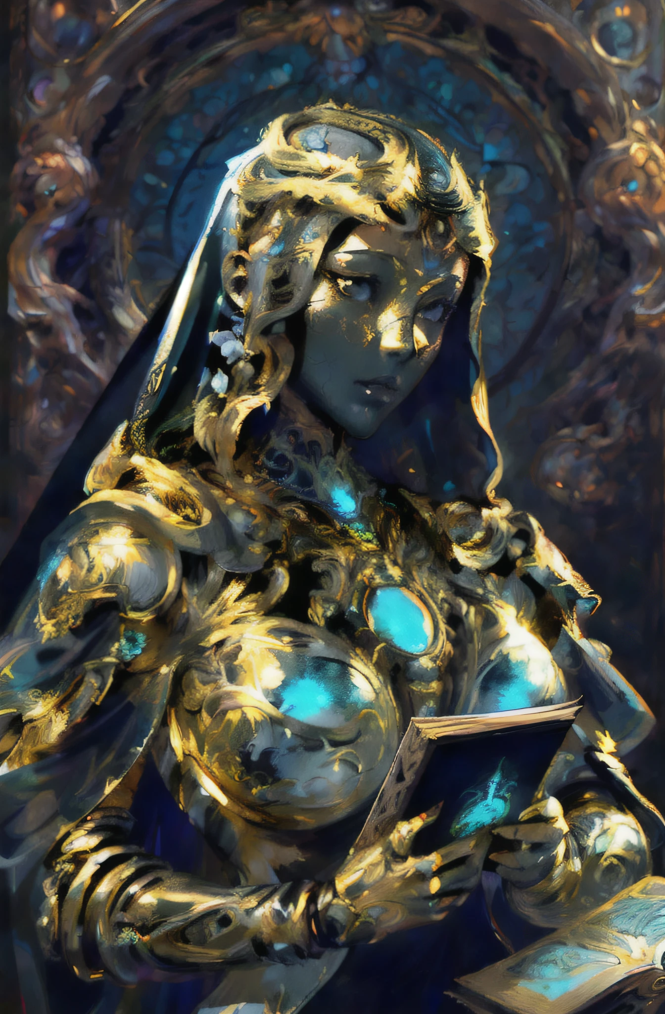 Masterpiece of a female gold biomechanical robot with a (white statue face), pure black noir eye, wearing a veil and framing face, grotesque, detailed anatomy realistic, intricate detailed, intricate stained-glass background, holding a book - high quality, best quality, looking at viewer,