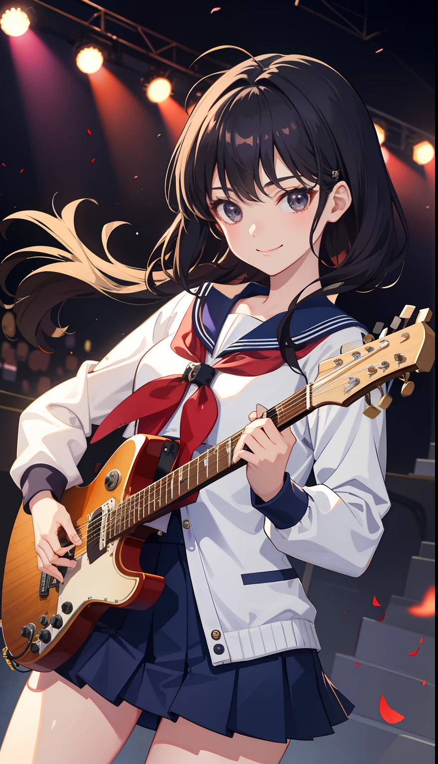 2nd anime, 8k, realistic, Large Concert hall, Many laser lights, Studio light, dramatic, 1girl in, A smile, A delightful!, She is Japanese high school student, She wears sailor style school uniform, Punk JK, she plays guitar, award winning cinematic,(small tits)