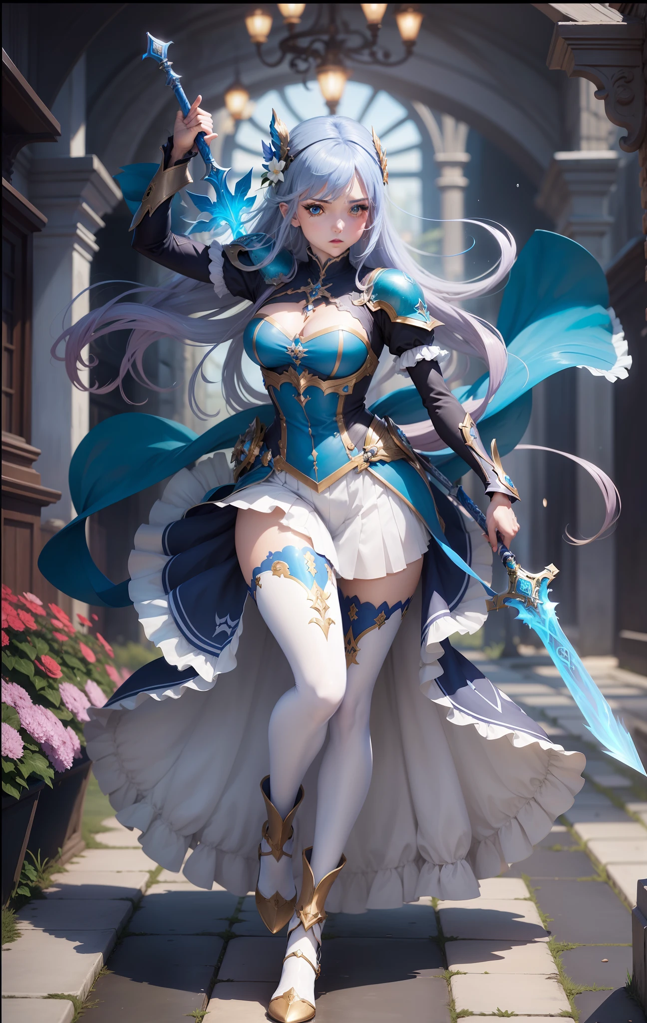 Anime - style image of a woman dressed in a blue and white outfit holding a water sword, cushart krenz arte chave feminina, Artgerm extremamente detalhado, KDA, Estilo Ivan Talavera e Artgerm, arte oficial altamente detalhada, granblue fantasia, Arte Zerochan,  mago negro, por Kamagurka, Estilo Shadowverse, cinematic lighthing, 4k realista, Water cover, uma flor azul no cabelo, girl anime sérius, cor nos olhos azul