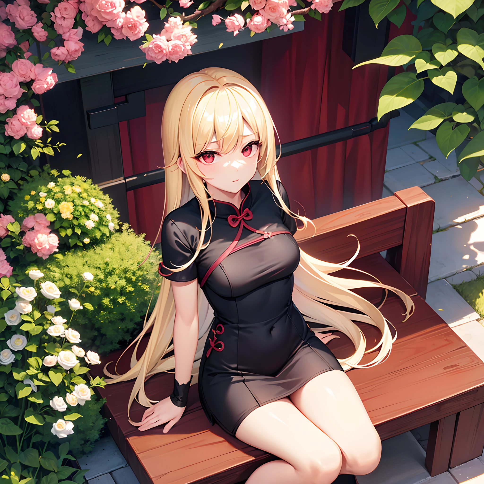 One beautiful blonde girl、red eyes、qipao dress、a miniskirt、Surrounded by flowers、sitting on