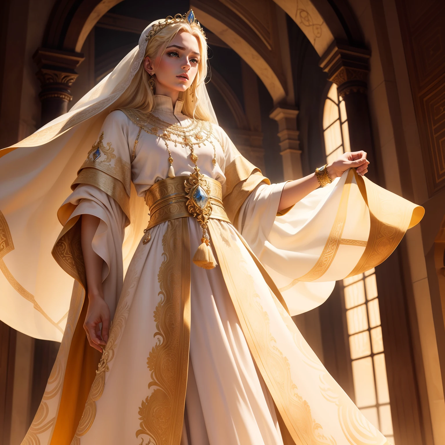 European Princesse blond hair jewlery super detailed hyper realistic master piece caftan marocain couvre son corps entier full outfit