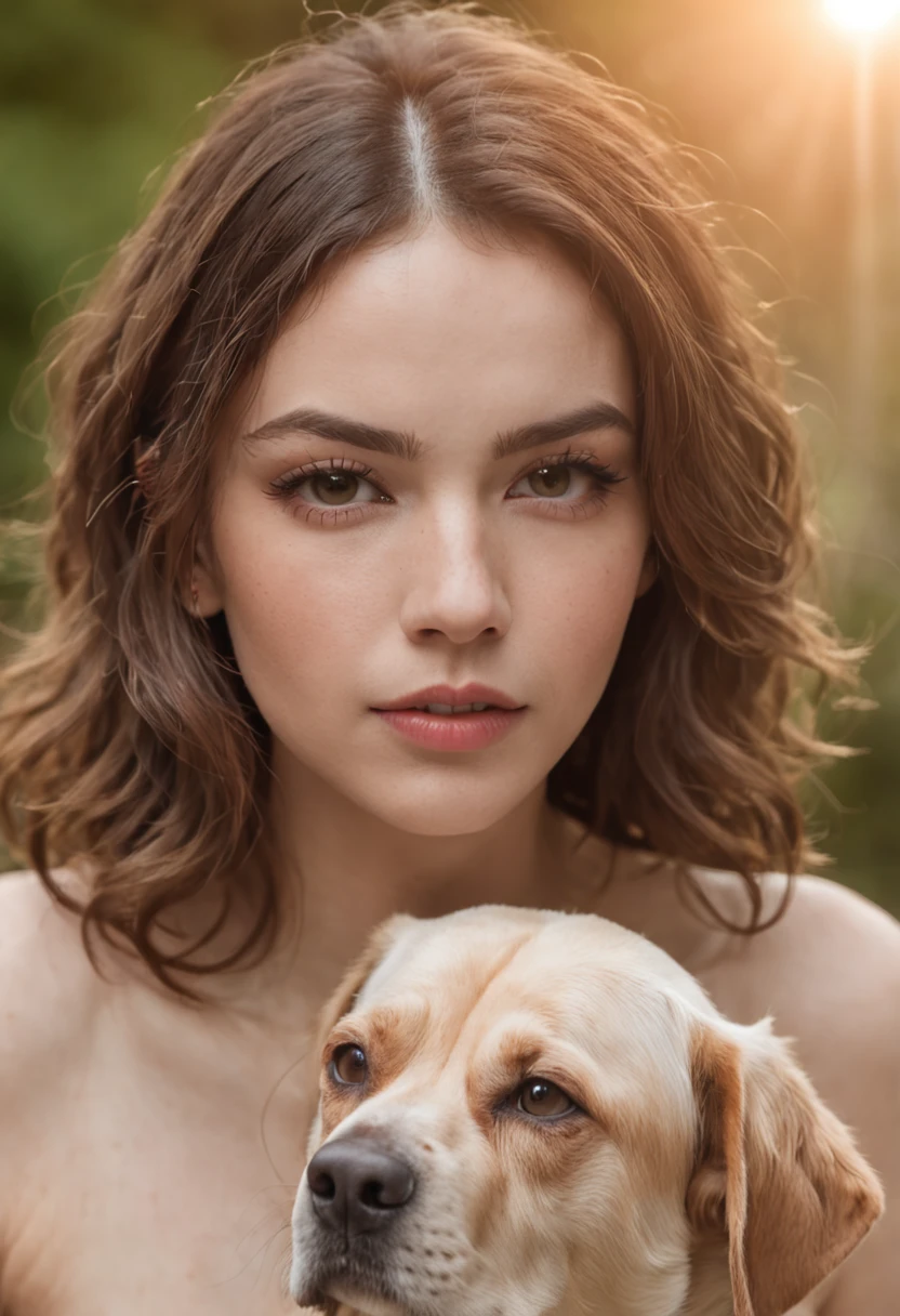 woman play with dog in the garden photo, attractive mixed woman, (beautiful face:1.1), detailed hazel eyes, luscious lips, (cat eye makeup:0.85), (medium eyes:1.0), (toned body:1.2), (curly hair:1.2), . (moody lighting:1.2), depth of field, bokeh, 4K, HDR. golden skin, hazel eyes, beauty marks, honey skin, Cinematic photo ,