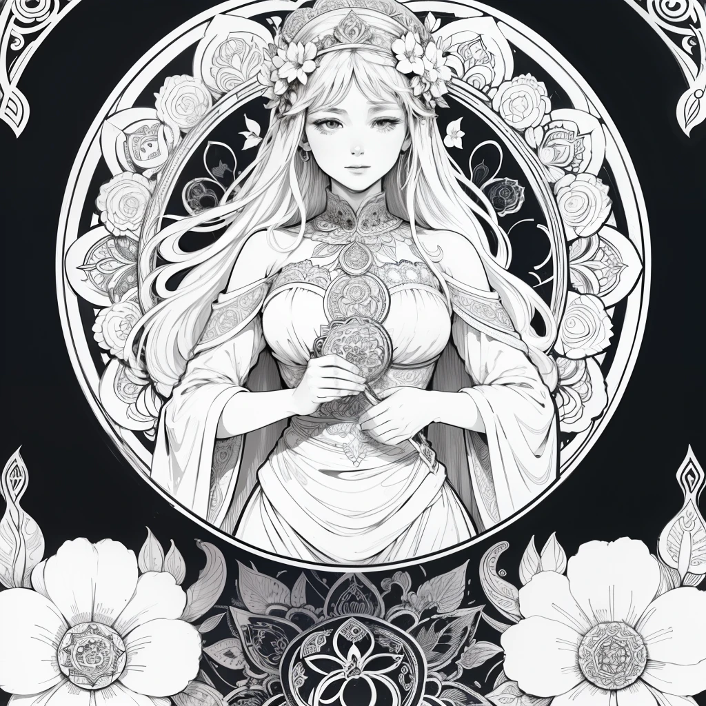 Flowers and goddess, ploynesian, garden, art for coloring book page, full white background, only use outline, line art, coloring book, clean line art, mandala for coloring with nature ornaments, simple and clean line art, coloring book page, adorned in Art Nouveau style, with a stroke of Alfons Mucha's brush, perfect details, real.