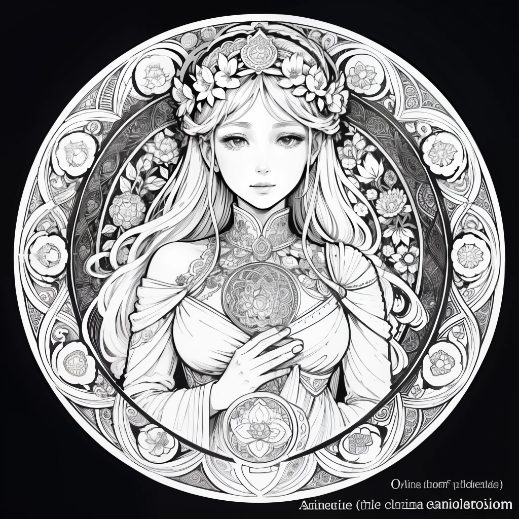 Flowers and goddess, ploynesian, garden, art for coloring book page, full white background, only use outline, line art, coloring book, clean line art, mandala for coloring with nature ornaments, simple and clean line art, coloring book page, adorned in Art Nouveau style, with a stroke of Alfons Mucha's brush, perfect details, real.