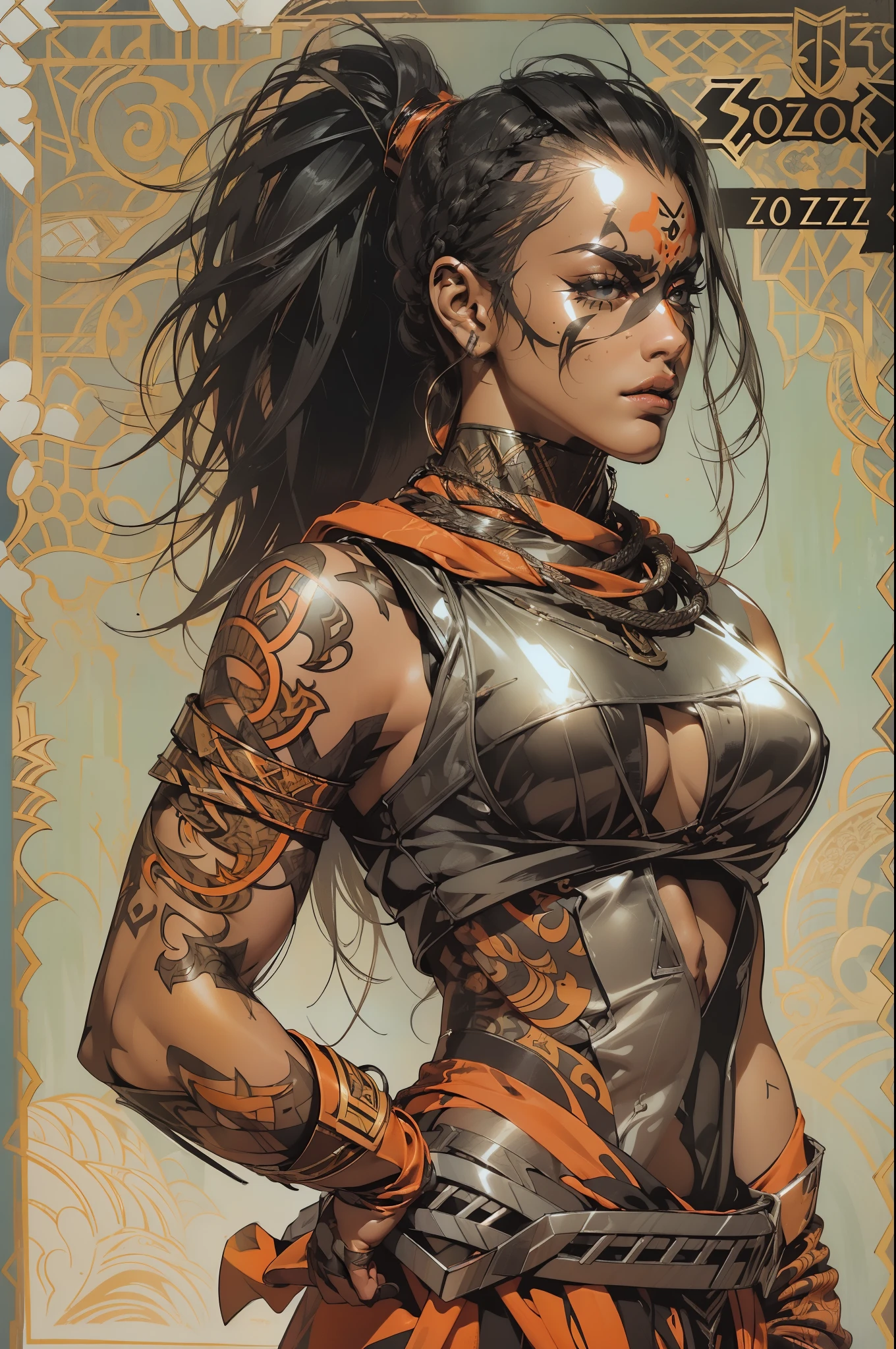 (((mulher))), (((melhor qualidade))), (((obra prima))), (((adulto))), laranja, A 30-year-old gladiator woman with an athletic body, (((sozinho))), (((1girl))) , Gladiadores do Brooklyn, quase nua no estilo selvagem urbano de Simon Bisley para a capa da revista Heavy Metal, cabelos pretos com ponytail, Minimum clothing, pattern with orange and black katakanas, armadura, cheio de pontas e rebites, tatuagem Yakuza, (((do joelho pra cima))), cabelo bob haircut preto