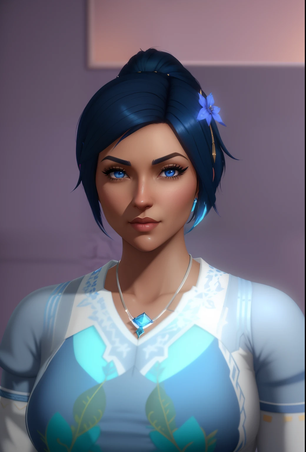 a close up of a person with a blue shirt and a blue hair, short blue haired woman, cattie - brie of mithril hall, blue symmetric eyes 24yo, sims 4 screenshot, ingame image, ethereal vaporous tan skin, brigitte, alluring mesmer woman, avatar image, pharah, inspired by Adélaïde Victoire Hall