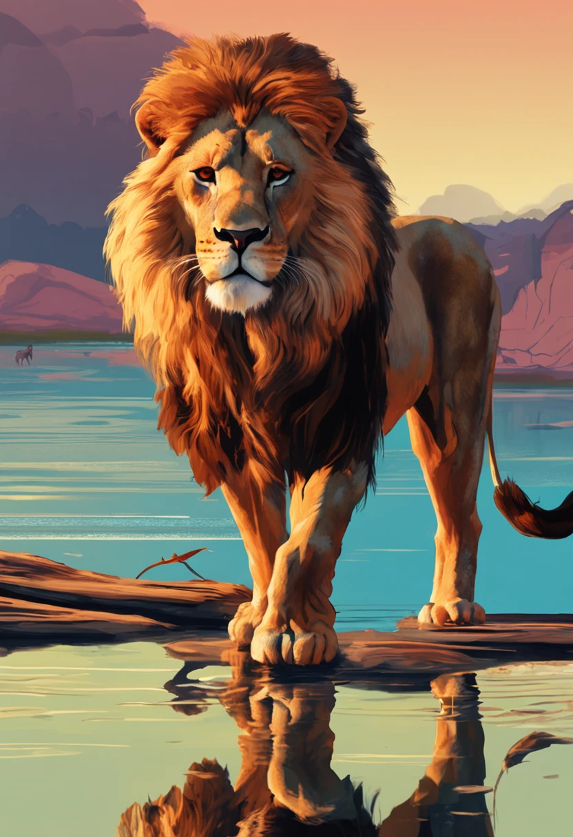 An image depicting the lion Leo in a leadership position, cercado por sua alcateia. They are gathered around Leo, who is raising his paw and pointing to a distant horizon, where an image of a promising oasis is reflected in the water of a lake. The scenery shows a golden sunset and warm tones, conveying the sense of hope and determination. Leo is speaking with confidence, sharing his vision of finding the untapped water source that will be able to sustain all the inhabitants of the savannah. The other lions are looking at him with expressions of interest and motivation, ready to follow your lead on this challenging journey.