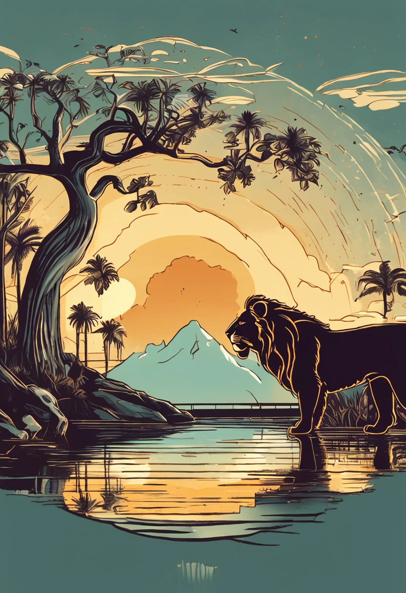 An image depicting the lion Leo in a leadership position, cercado por sua alcateia. They are gathered around Leo, who is raising his paw and pointing to a distant horizon, where an image of a promising oasis is reflected in the water of a lake. The scenery shows a golden sunset and warm tones, conveying the sense of hope and determination. Leo is speaking with confidence, sharing his vision of finding the untapped water source that will be able to sustain all the inhabitants of the savannah. The other lions are looking at him with expressions of interest and motivation, ready to follow your lead on this challenging journey.