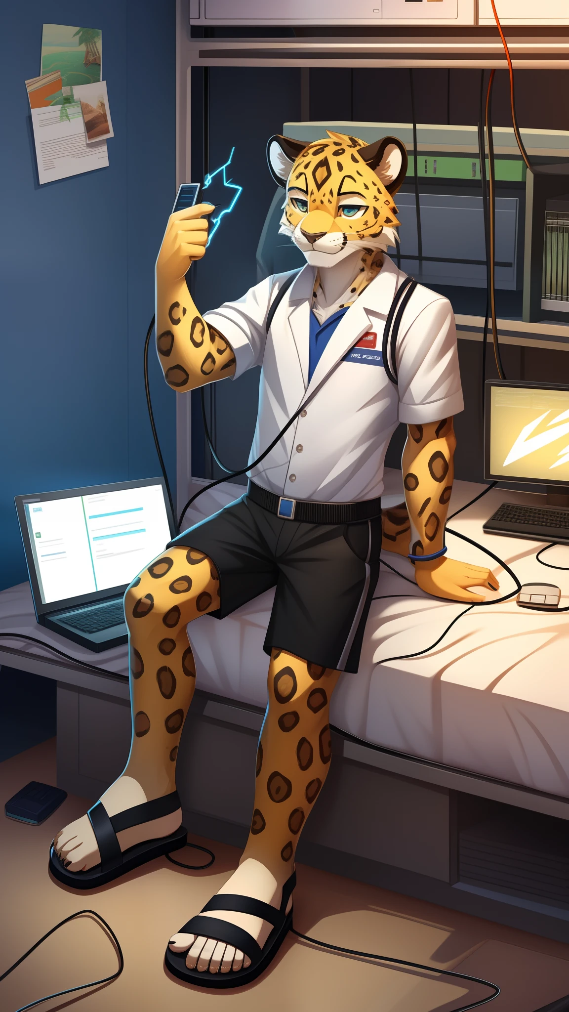 Golden hi-fi robot Leopard,Wear white vest,Black shorts,sandals。electrical wires,Electric currents,Computer,sit on a bed