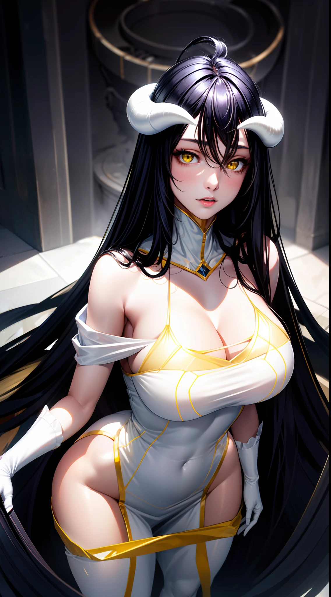 focused to upper body, realistic, 1girl, long black hair, sparkling yellow eyes, white dress, standing pose, tomb background, horn, perfect limbs,