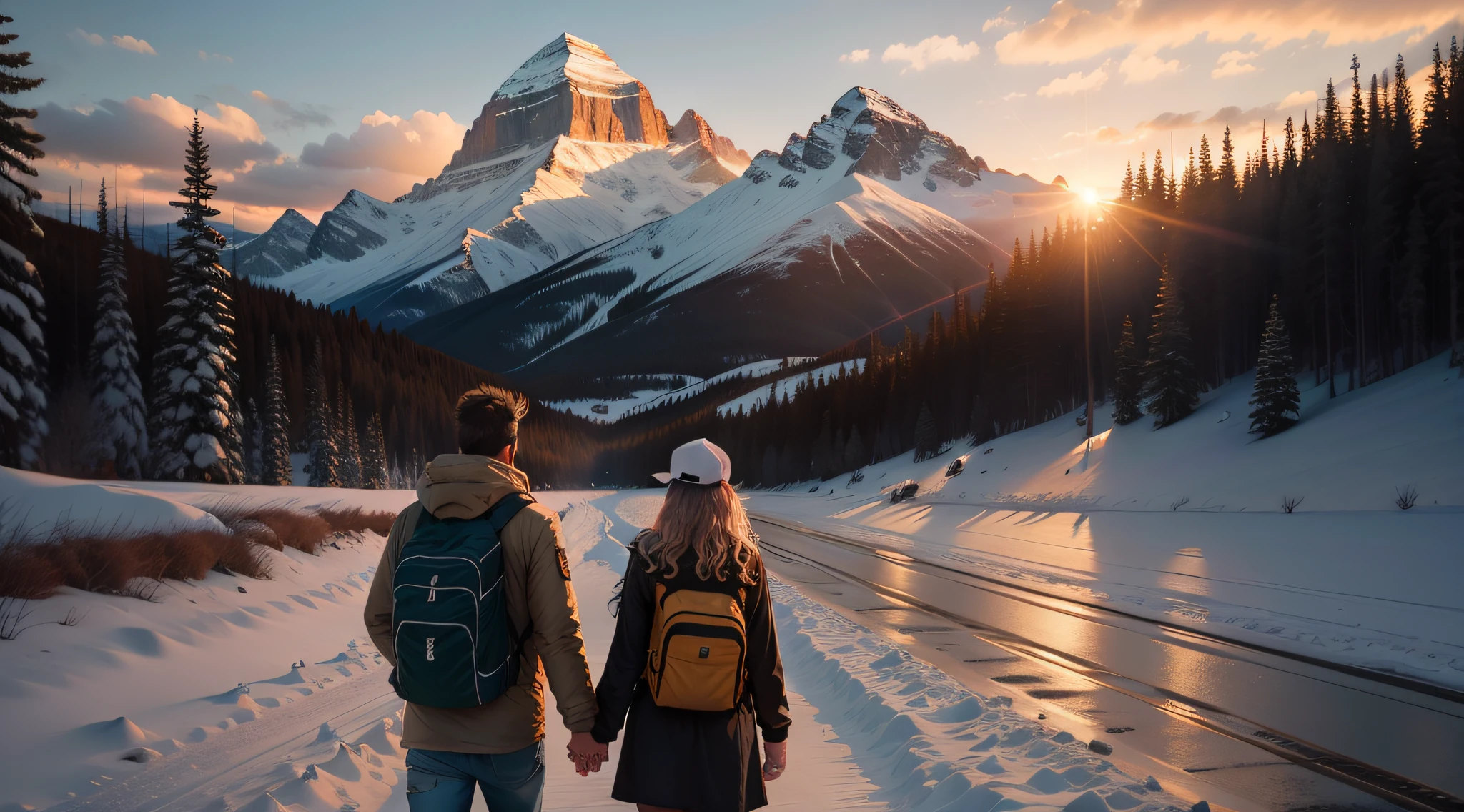 caminho realista nas montanhas com um casal andado para o por do sol com a imagem de jesus bem ao alto entre as montanhas