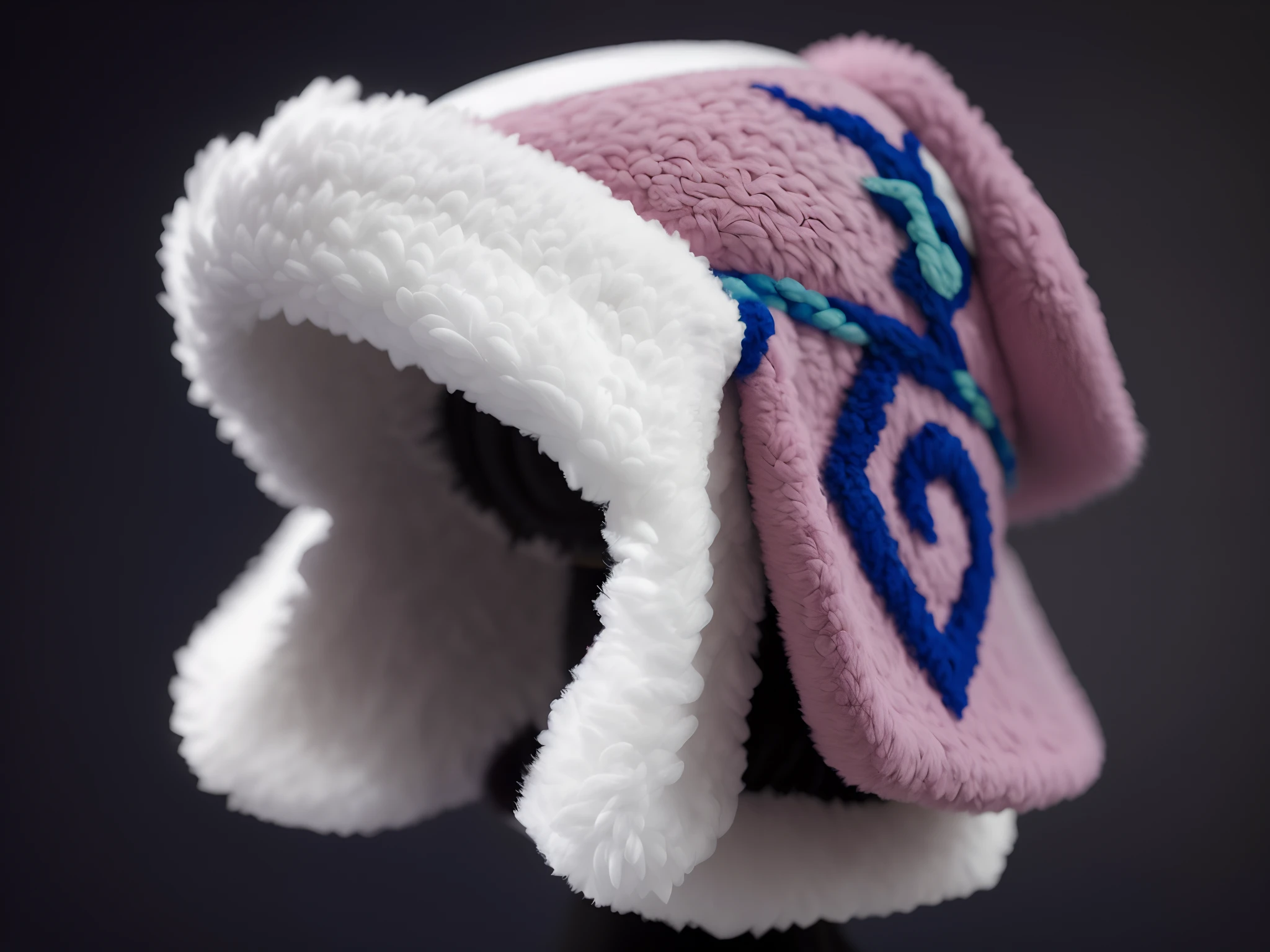 There is a pink hat，There is a blue pattern on it,Plush hat，Plush
