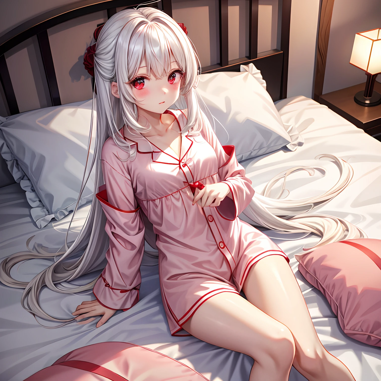 red blush、white hair、red eyes、Beautiful girl alone、animesque、独奏、s Pajamas、a bed、lonely