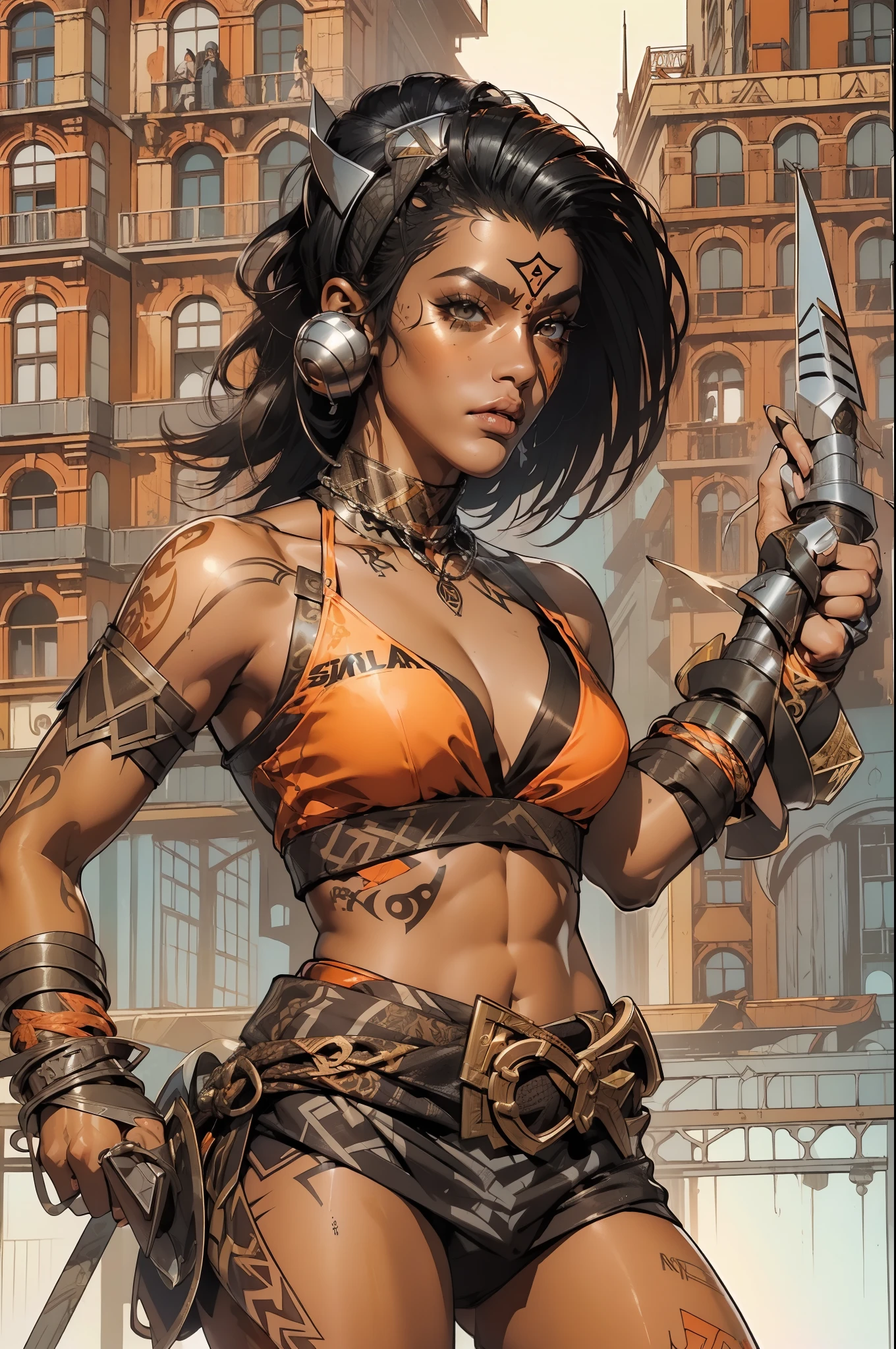 (((mulher))), (((melhor qualidade))), (((obra prima))), (((adulto))), laranja, A 30-year-old gladiator woman with an athletic body, (((sozinho))), (((1girl))) , Gladiadores do Brooklyn, quase nua no estilo selvagem urbano de Simon Bisley para a capa da revista Heavy Metal, cabelos pretos com ponytail, Minimum clothing, pattern with orange and black katakanas, armadura, cheio de pontas e rebites, tatuagem Yakuza, (((do joelho pra cima))), cabelo bob haircut preto
