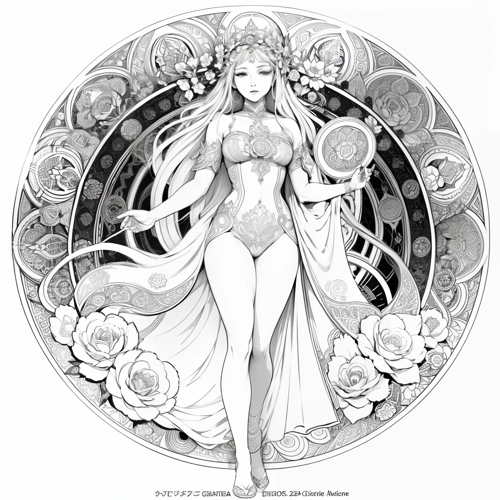 Flowers and goddess, ploynesian, garden, art for coloring book page, full white background, only use outline, line art, coloring book, clean line art, mandala for coloring with nature ornaments, simple and clean line art, coloring book page, adorned in Art Nouveau style, with a stroke of Alfons Mucha's brush, perfect details, real.