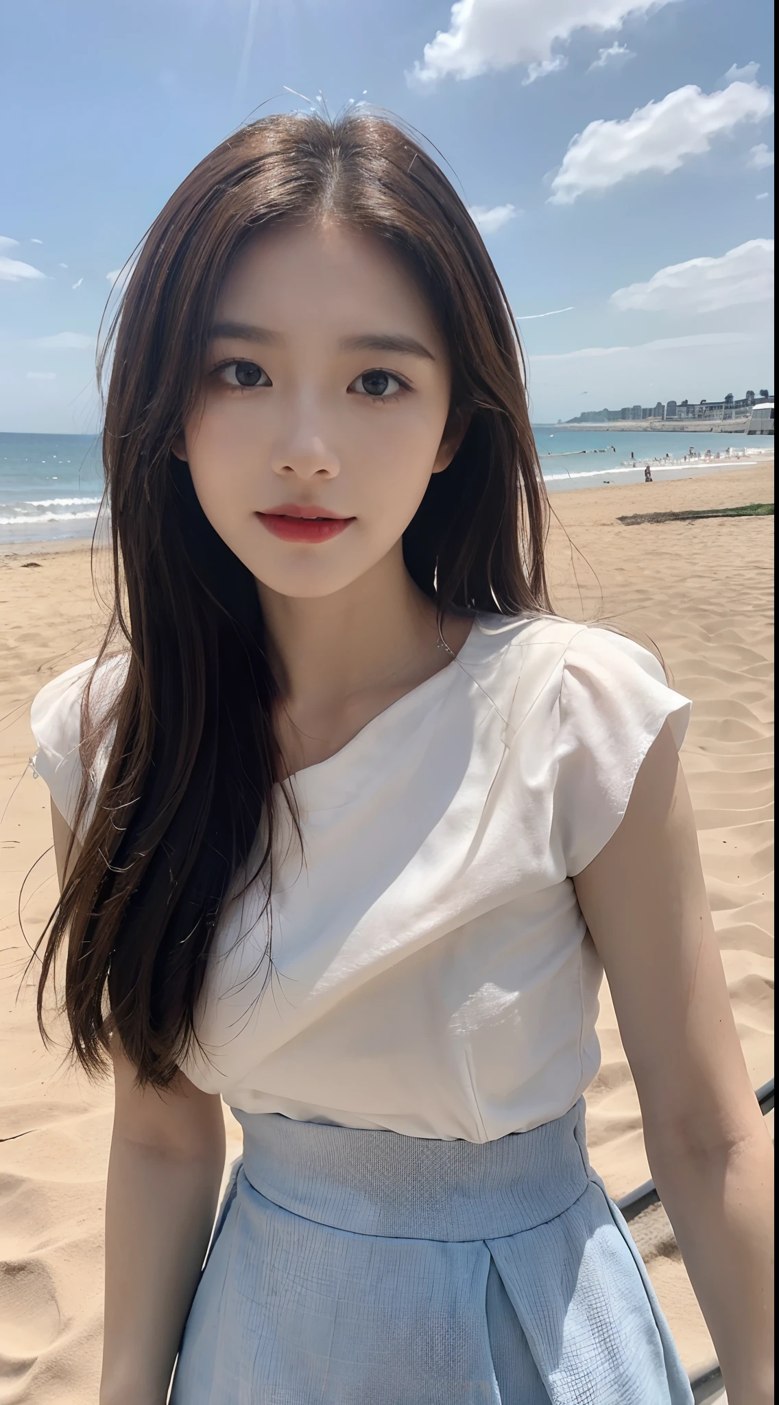 1 Girl,seaside,Soft Light,Chinese Beauty,Suspender dress