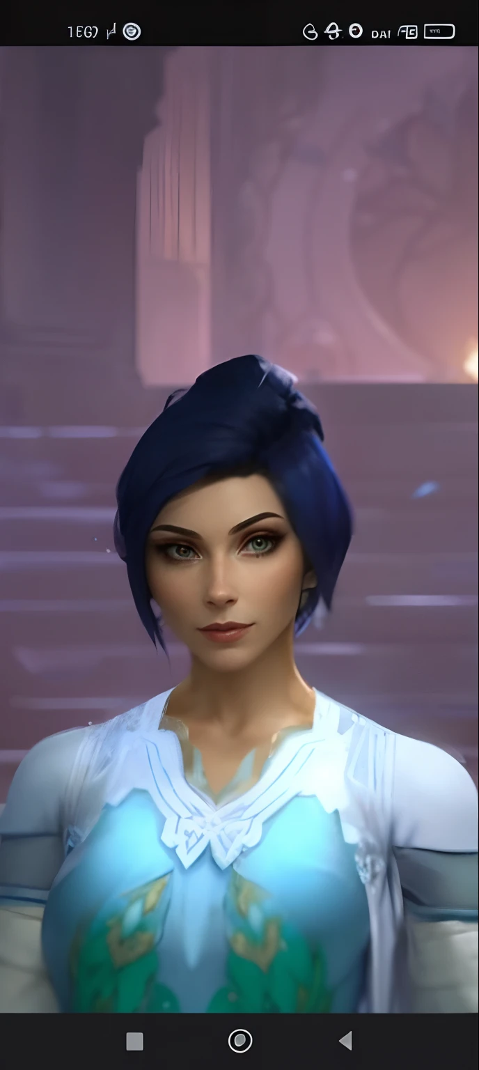 a close up of a person in a blue dress with a blue hair, short blue haired woman, ingame image, cattie - brie of mithril hall, brigitte, avatar image, zenra taliyah, inspired by Adélaïde Victoire Hall, taliyah, pharah, alluring mesmer woman, ethereal vaporous tan skin, icey snow background
