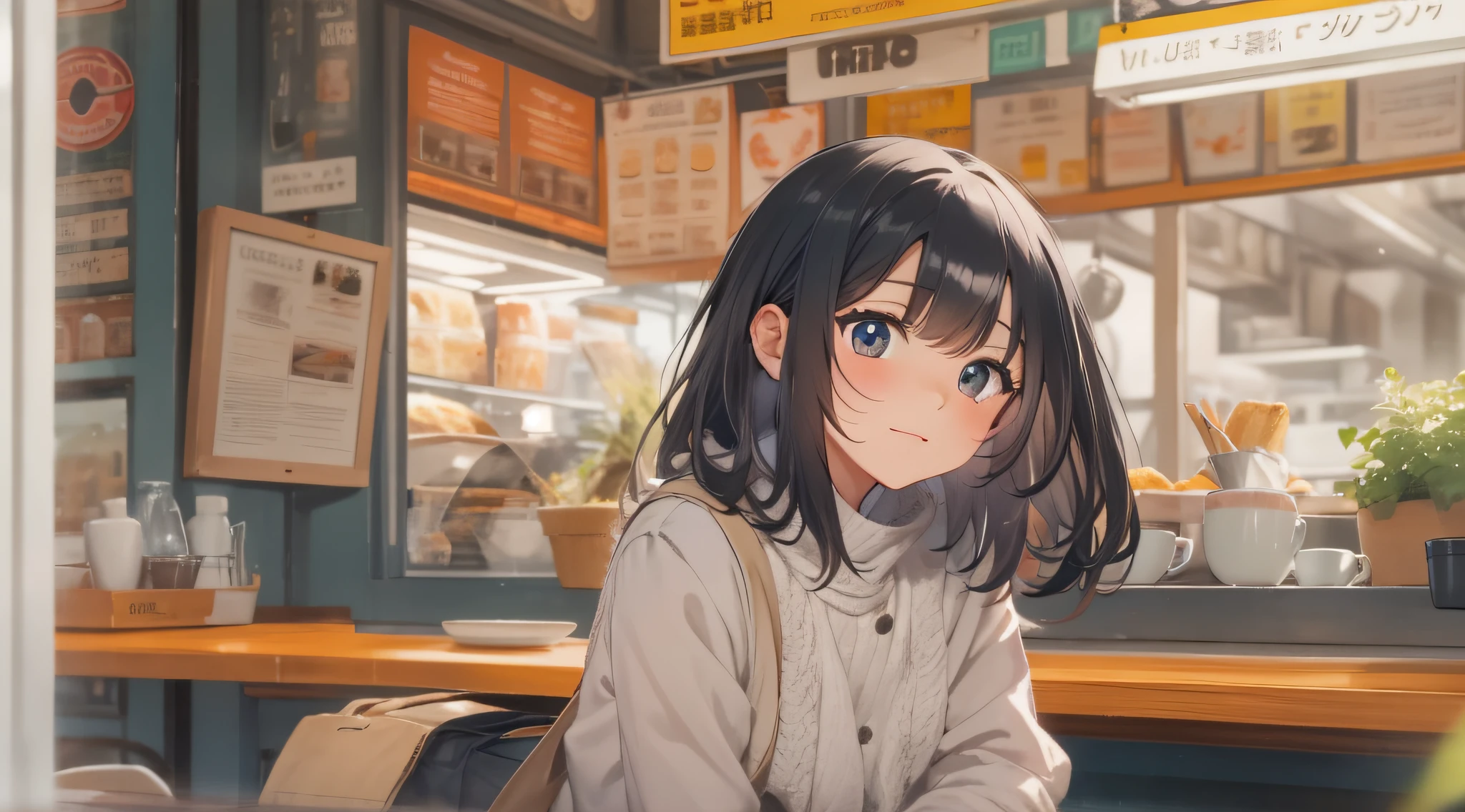 I came to shop　Ordinary black-haired semi-short schoolgirl　Sitting in a café