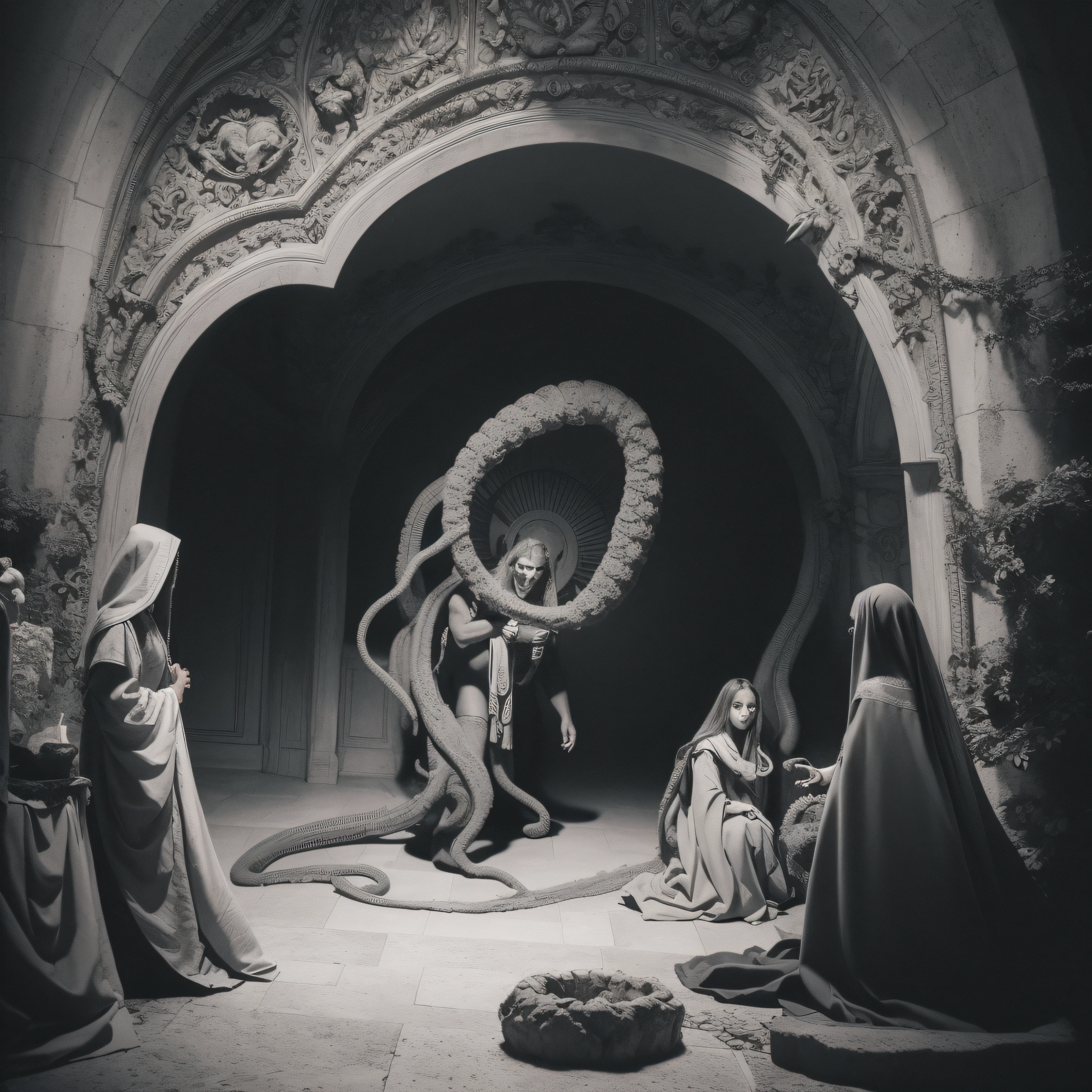 (extremadamente detallado, obra maestra, La mejor calidad), Estilo oscuro, intense illumination, rostro con arrugas, mujer crucificada, tentacle, monstruoso, interior de una piscina de agua, imagen submarina, alien con Colmillos finos. manchas de tinta. Rococo composition. Luz de caravaggio
