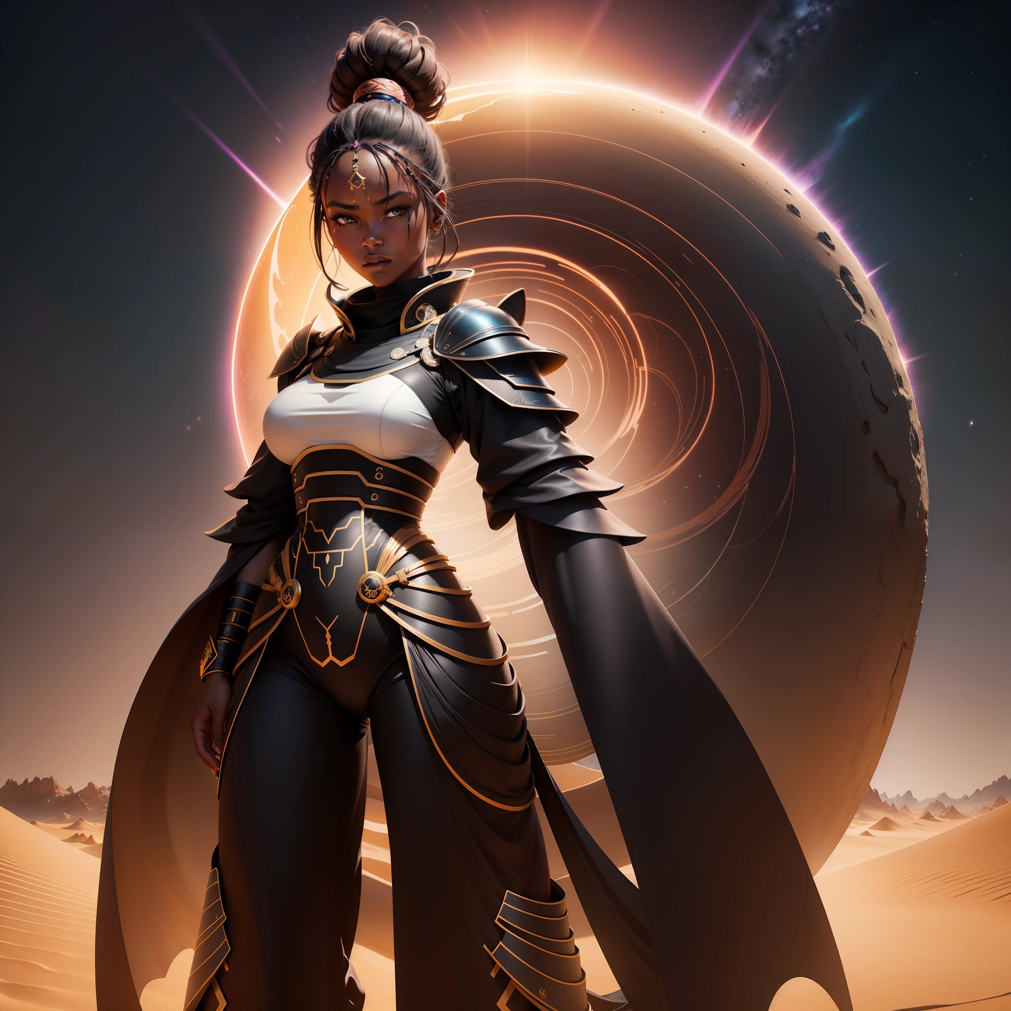 Extreme long full body shot of beautiful black woman samurai standing in the desert, with the sand dune creating a spherical portal around her, night time, with iridescent light, highly detailed images, vibrant beautiful colours, photorealistic image, 8k, ultra HD, unreal engine rendered, cinematic lighting, artgerm style,