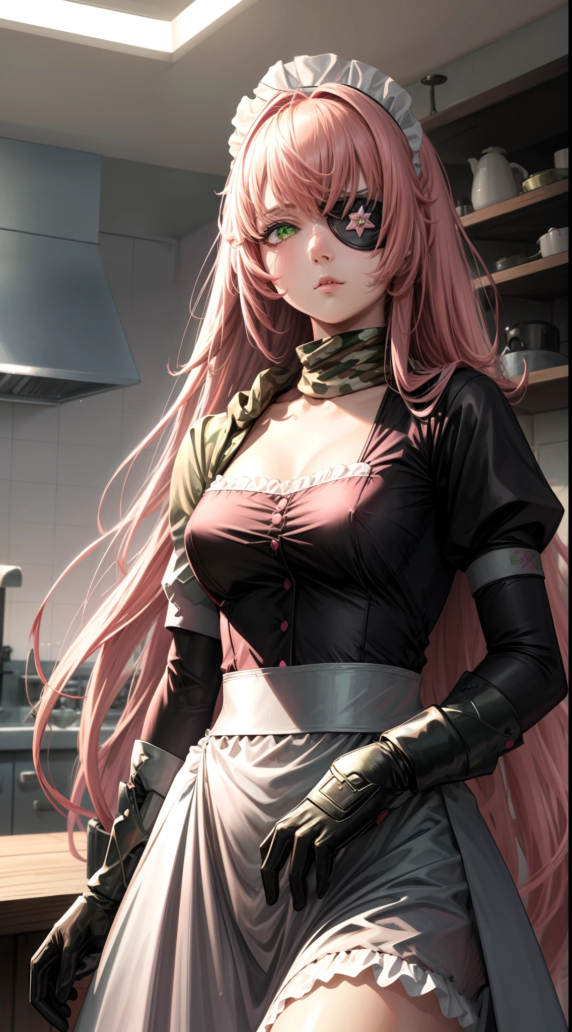 focused to upper body, realistic, 1girl, long pink hair, sparkling green eyes with 1 eyepatch, maid outfit with military shawl, standing pose, kitchen background, perfect limbs,