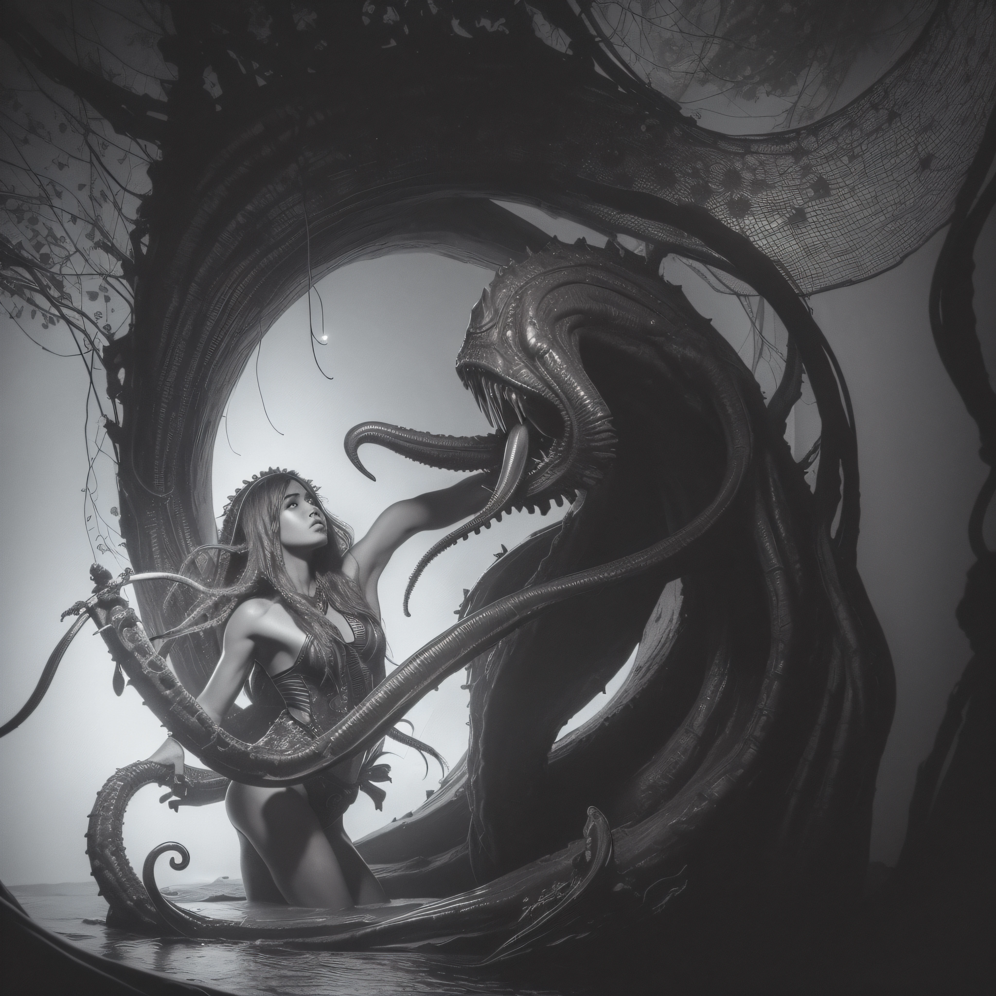 (extremadamente detallado, obra maestra, La mejor calidad), Estilo oscuro, intense illumination, rostro con arrugas, mujer crucificada, tentacle, monstruoso, interior de una piscina de agua, imagen submarina, alien con Colmillos finos. manchas de tinta. Rococo composition. Luz de caravaggio