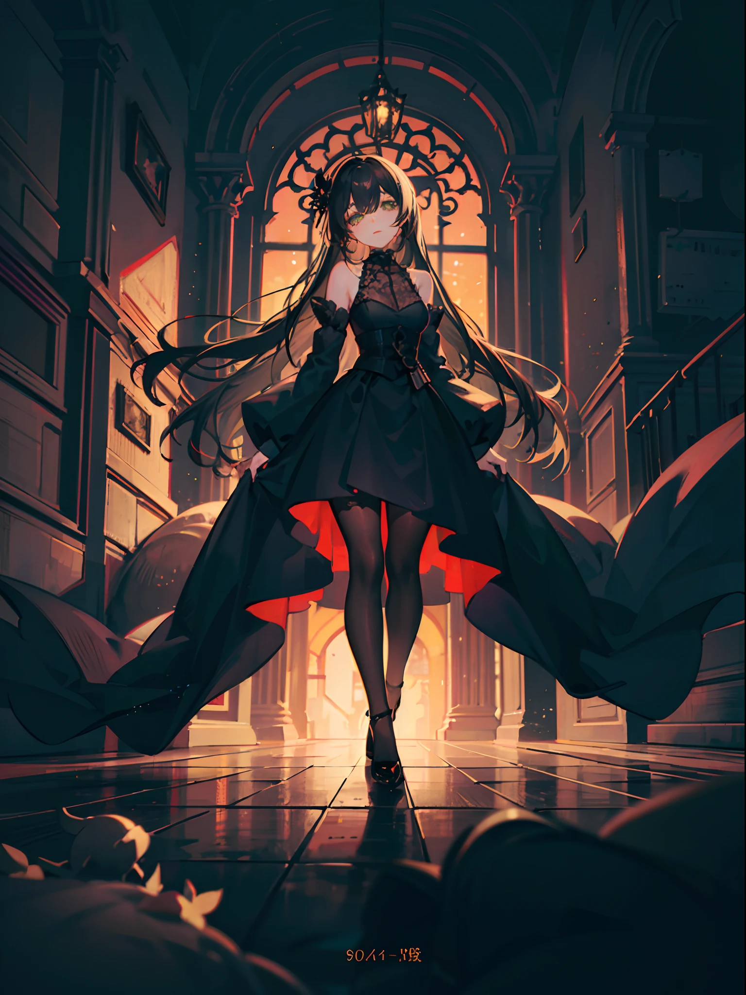 long black hair, Green eyes, Black Dress, Graveyard, Full body Beautiful anime style girl, clean detailed faces, Goth clothing, glowing shadows, beautiful gradient, depth of field, clean image, high quality, high details, high definition, Luminous Studio graphics engine, beautiful