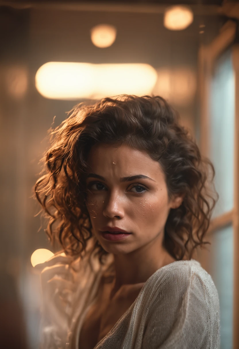 woman cry alone in her room photo, attractive mixed woman, (beautiful face:1.1), detailed hazel eyes, luscious lips, (cat eye makeup:0.85), (medium eyes:1.0), (toned body:1.2), (curly hair:1.2), . (moody lighting:1.2), depth of field, bokeh, 4K, HDR. golden skin, hazel eyes, beauty marks, honey skin, Cinematic photo ,