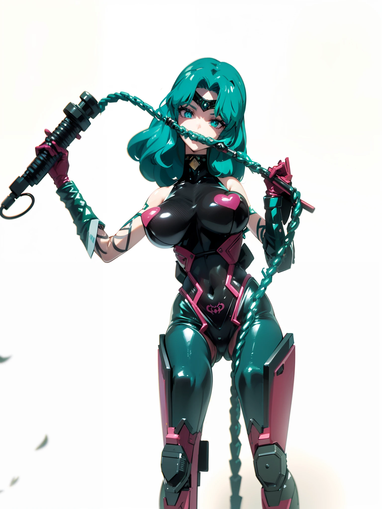 a closeup, 1girl in, Sailor Neptune, aqua eyes, Dark green hair, Medium Hair, (Body tights, Black latex long gloves and boots, Aqua-colored lines on the body, Heart Nipple Less, The navel is visible, Tattoo of the lower abdomen:1.1), Eyes without light, grin, Black ornament on forehead, Bat feather hair ornament, Spread your legs apart, Mechanical chair,Sit on a pipe that glows pink , top-quality, masterpiece, hight resolution, intricate detailes, ((realisitic)), black latex gloves, medium breasts, chastity belt, natta