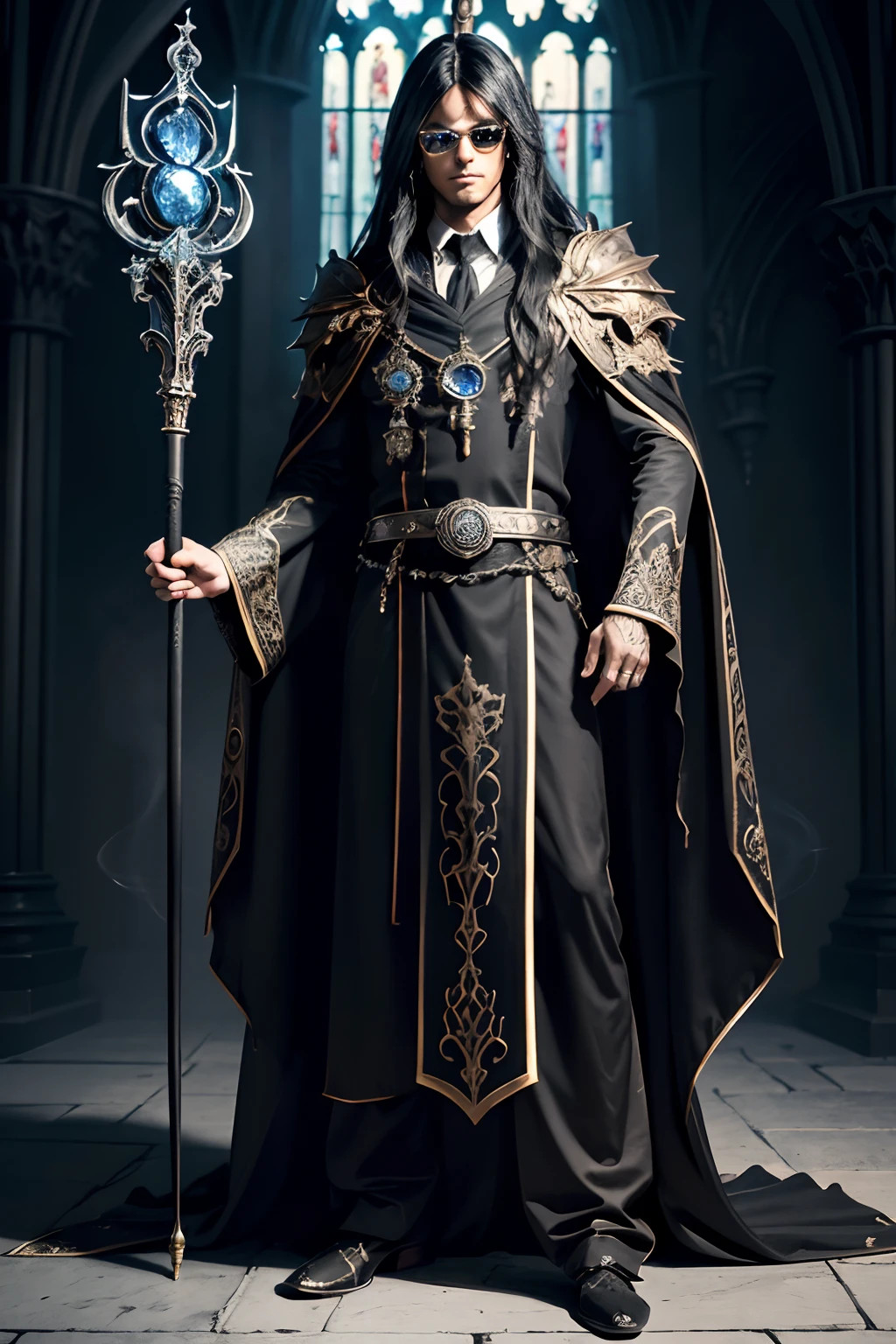 2d game dark fantasy character evil high priest art, evil smile, stylish pose, male, black white long hair with messy, messy and shaggy bangs, (full body shot:1.4), glowing smoke white eyes with cool glasses, holding wand in round-sapphire, elaborate costumes robe, laziness with clear-headed, associated illustration, highest resolution, atmosphere of coolness, neo-gothic church background, (intricately detailed pencil drawing:1.1), intricately detailed oil painting, intricately detailed crayon coloring,intricately detailed digital coloring, full colored, (dark palette:1.1), super fine detailed skin, intricately detailed texture, intricately detailed detail, radiosity, ultra quality, professional art work,
