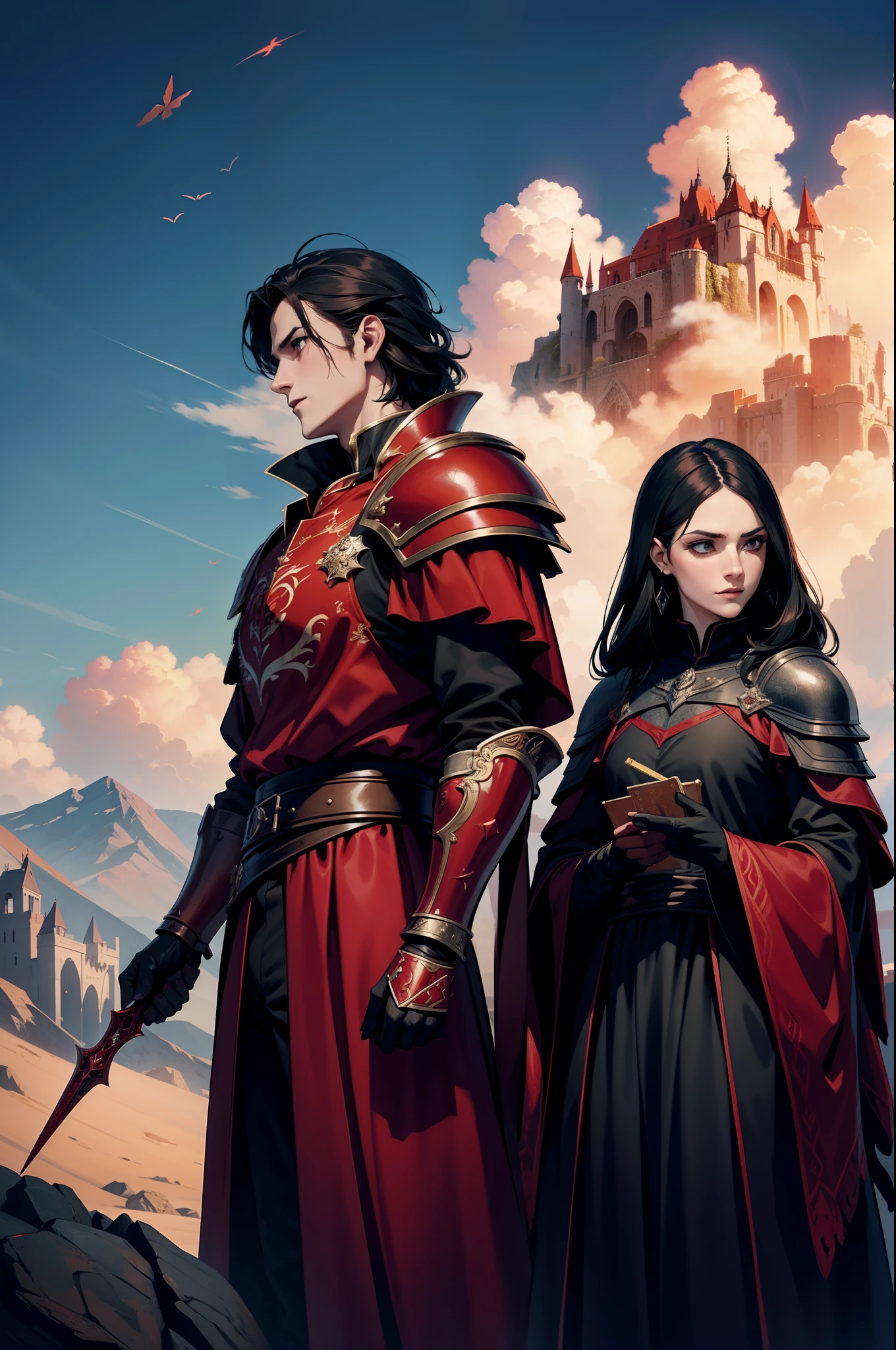 Two characters in red and black gothic armor, entardecer, fluttering cover, 8k, magnificent art, capuz, livro, magos, guerreiros, Blue sky full of clouds, castelo, mar,