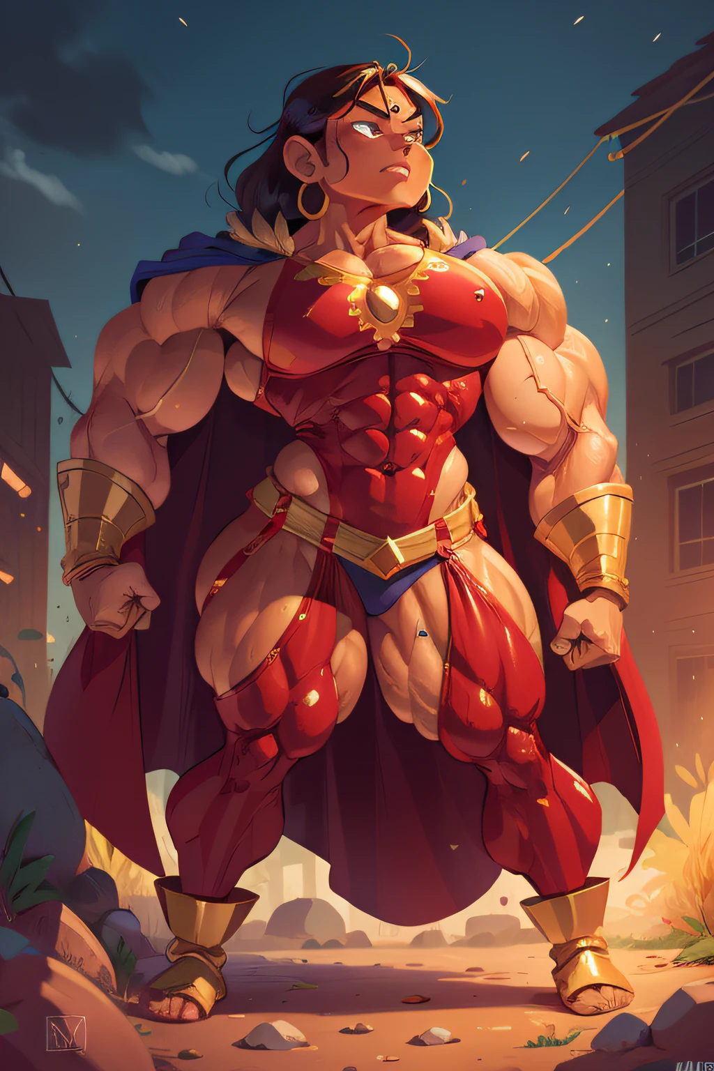 Indian muscle woman flexing muscles wearing superhero outfit with cape, muscle woman, big muscles, huge muscles, massive muscles, mature woman