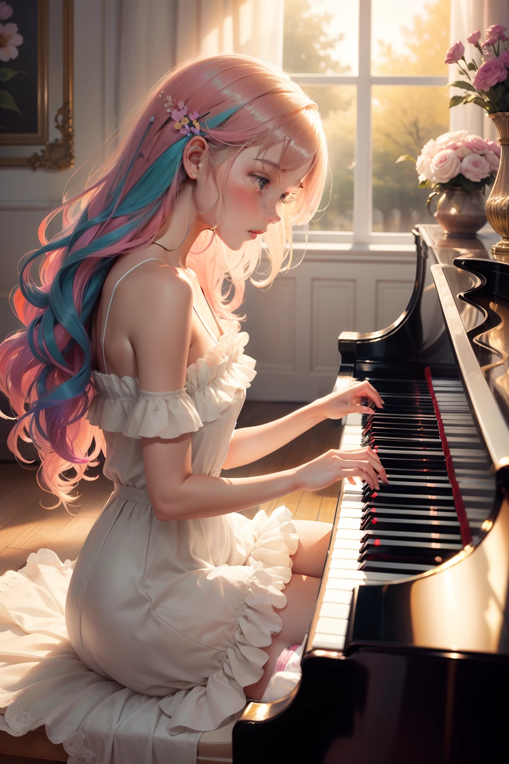 playing piano Playing the piano keys Hit the key girl with The hair long to Clear eyes colourfull Active pop music Music Artistically art by colourfull natural soft light Steinway elegent Beautiful Open florals cherry trees of flower gardens Cute
