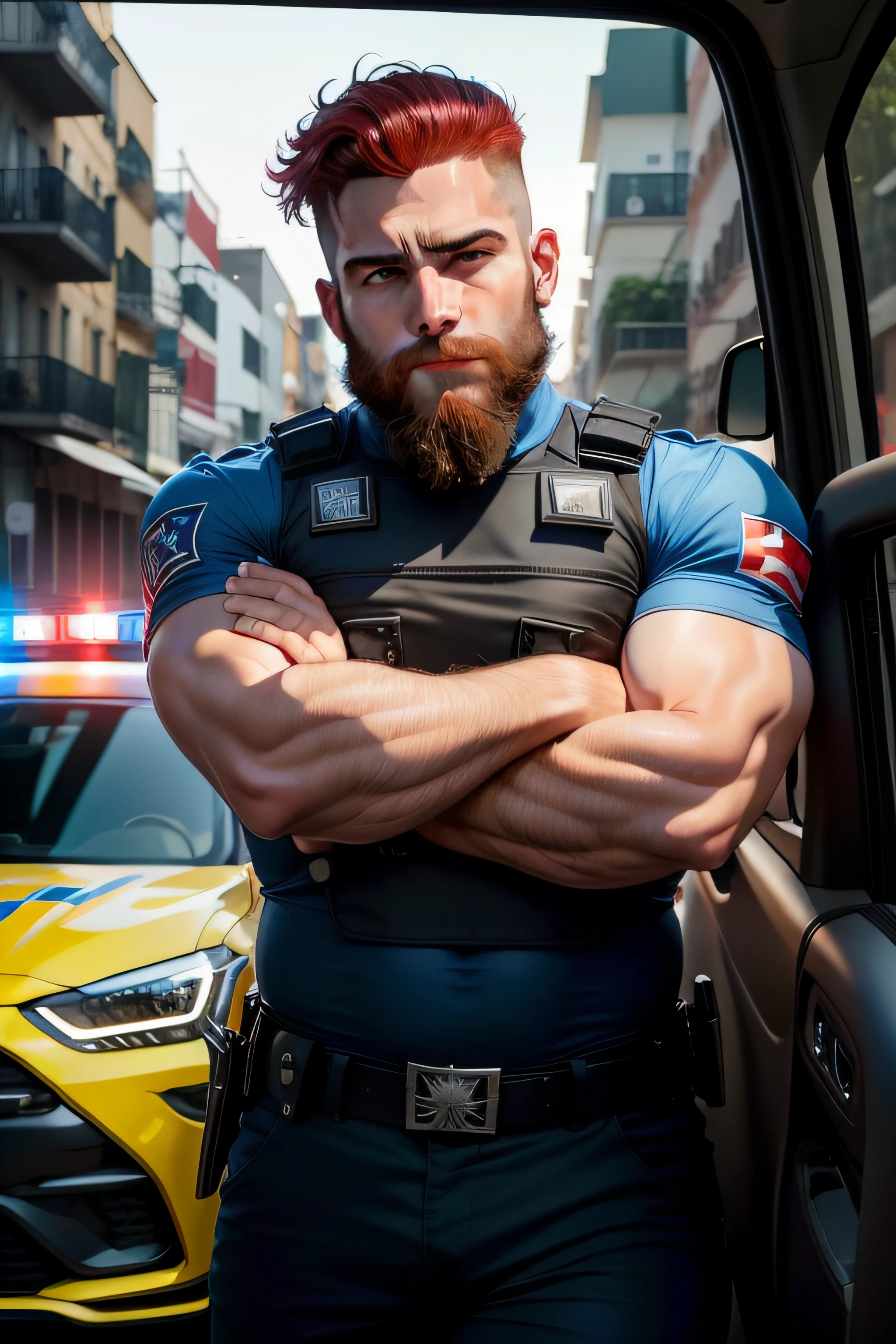Policial homem musculoso ruivo em pose em frende a um carro de policia, olhos azuis, barba avermelhada, Ryan Dening, adam varga, retrato de alta qualidade, Paulo Heaston, barba vermelha, olhos grandes.