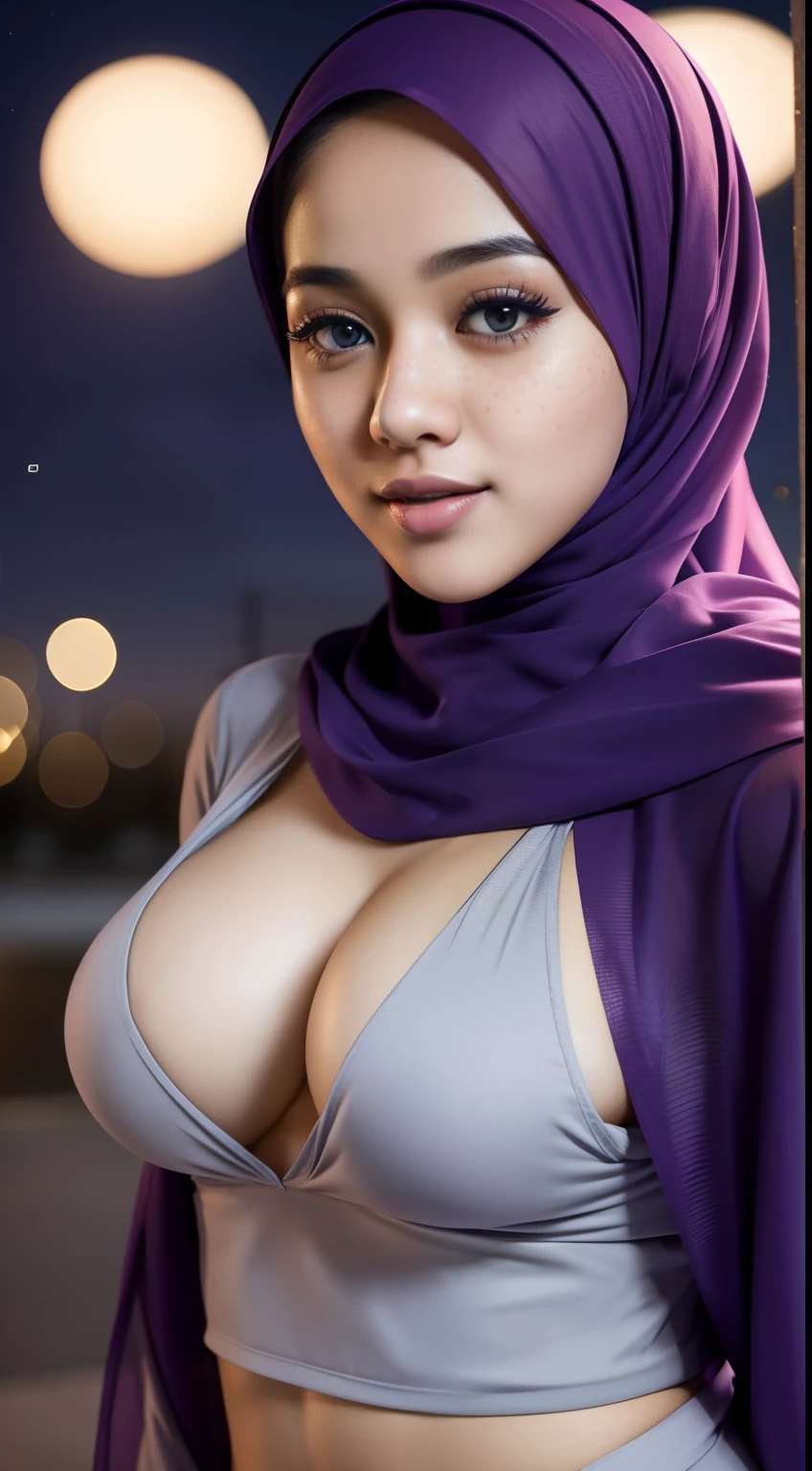 mira filzah sexy seducing pose, open mouth, nighttime city, (mira filzah:1.3), wearing hijab, pastel color hijab, detailed skin, detail skin texture, freckles skin, matured skin, small tits, small breast, flat chest, wide waist, thick thighs bright lighting, big round ass, matured face, slim abs,