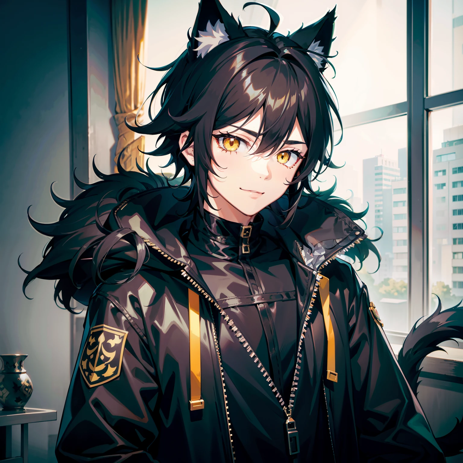 ultra detailed, best quality, finely detail, anime boy, neko, 1 boy, male, black hair, medium hair, messy spiky hair, volumous messy hair, white eyes, yellow pupils, extremely detailed eyes, black fur jacket, black clothes, cat ears, animal ears, black feline tail, black shorts, smiling, male, hood around the neck extremely large,