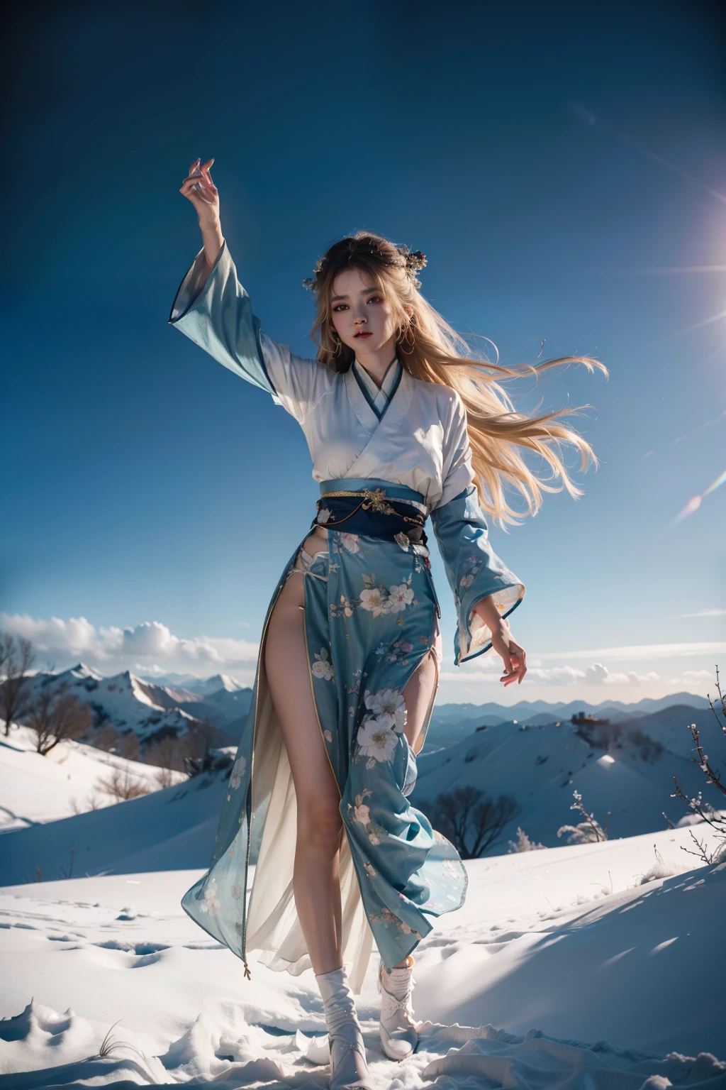(full bodyesbian:1.5)，(1girll:1.3),(view the viewer:1.4)，(anatomy correct:1.4),(Exposed Hanfu:1.3),(Dance on top of snowy mountains:1.2),(Wearing a high-waisted skirt in Hanfu style:1.2),(Long blonde hair:1.2),(Accurate and perfect face:1.3),(Long legs:1.3),hyper HD, Ray traching, reflective light， structurally correct, Award-Awarded, High detail, Fade in and out shadow contrast, Face lighting ，Cinematic lighting, Masterpiece, super detailing, High quality, High detail, Best quality, 16k，High contrast,