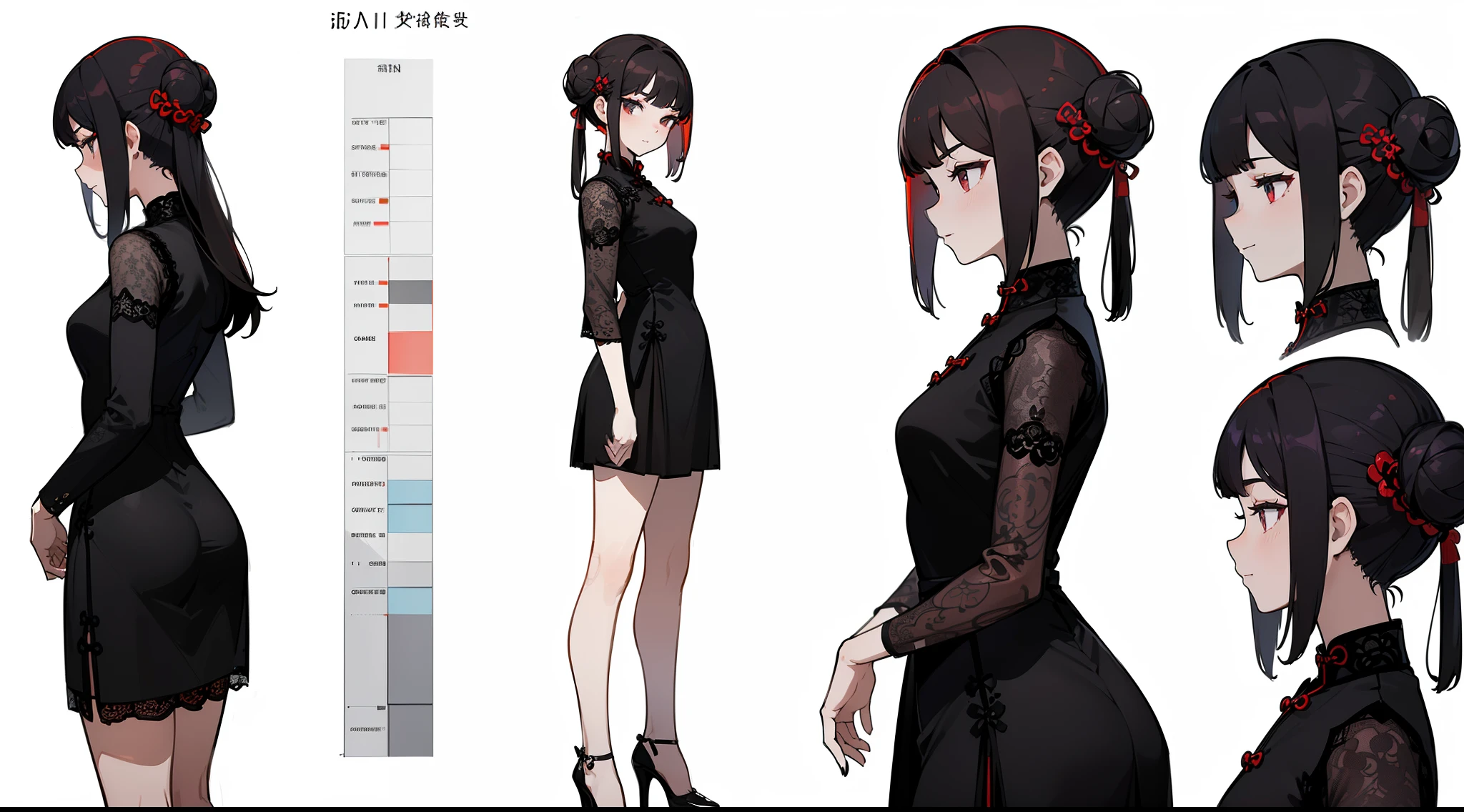 ((Best Quality)), ((Masterpiece)), ((Realistic)) 19 year old, redhead girl, shoulder length hair, relaxed happy face ((slender)) (busty), ((( cheongsam black lace dress))) (((mini skirt))) ((sexy dress)) bun hairstyle (((detailed character sheet, frontal view, side view, three quarter view))) (((white background))) 6 and a half heads full body