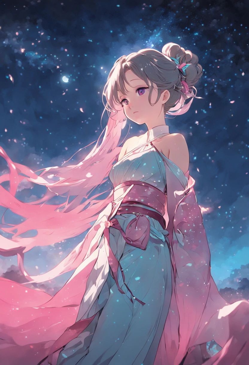 (best qualtiy,tmasterpiece), Beautiful teenage girl, Beautiful goddess, ((period costume, Hanfu, One shoulder)), Beautiful hair accessories, the night, starrysky, cold light, (In pink, cyan colors, white colors), ((From below)), ((full bodyesbian)), ((Realistic))