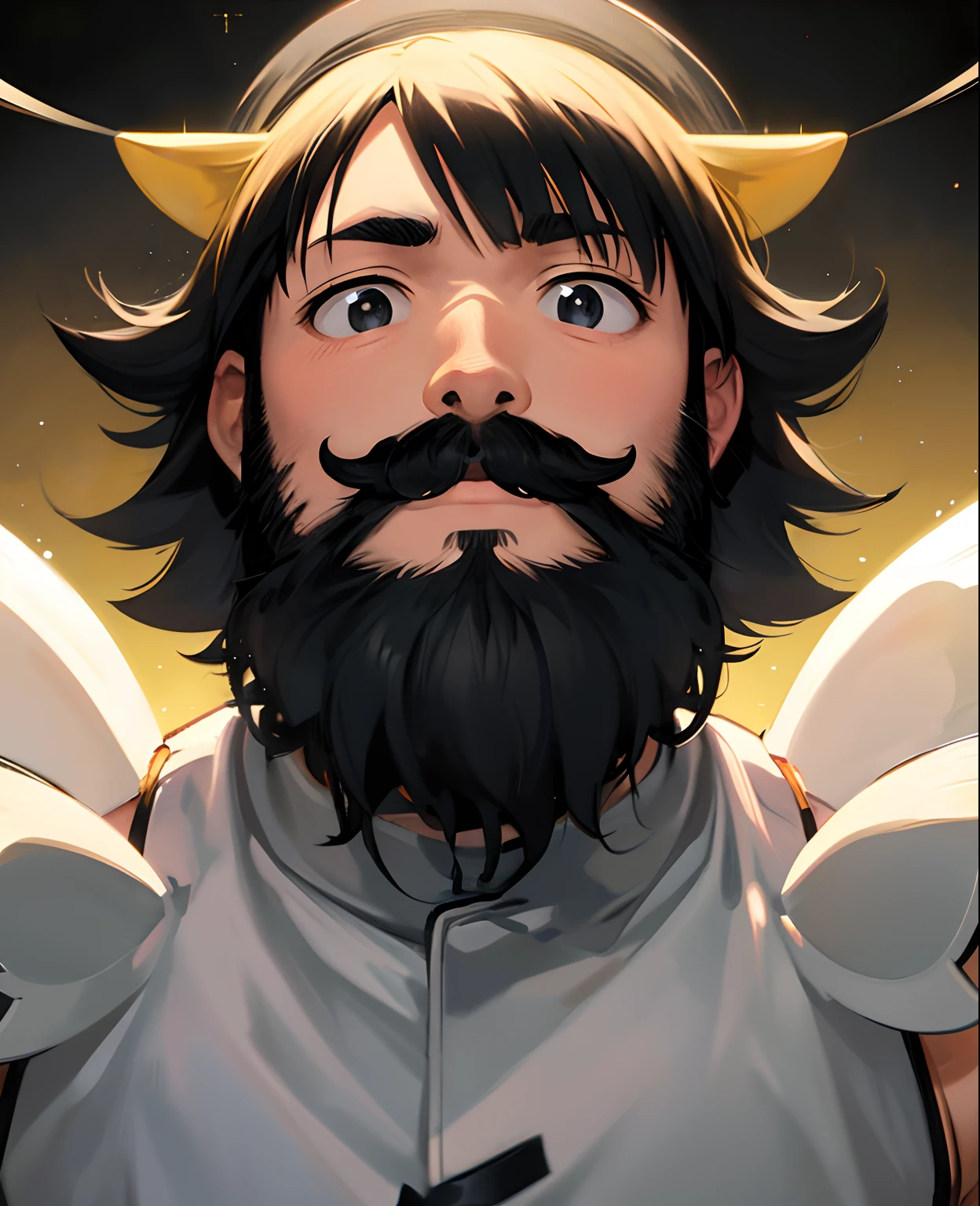 anime, lad, round face, Short Hair Hair, bangs, Black Hair, beard, Black mustache and beard, tiny, kawaii, thin body, sparkling eyes, Bedroom Background, sleepy eyes, stand,