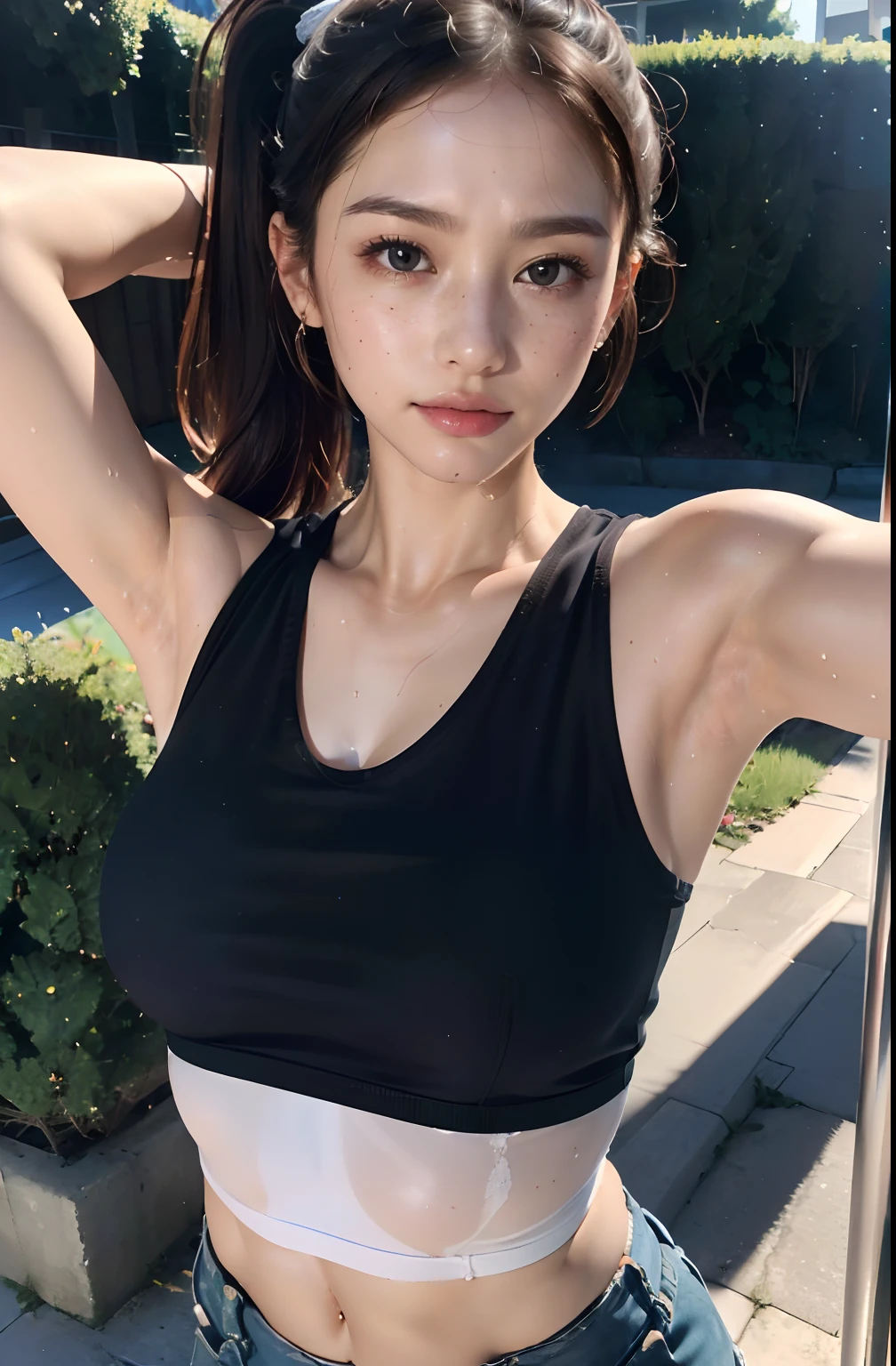 (( shows her armpits、Everything that looks under the armpits、Armpit、oiled slimy armpits:1.20、Oiled tecateca armpits:1.20、Armpits are shiny with oil:1.20、Detailed wrinkles in the armpits:1.8、Wrinkles under the armpits:1.8、Sweaty face、Show me your armpits、The body is facing straight forward towards the viewer、The body is turned straight towards us、Smaller face:1.4、Smaller head:1.4. Ultra Real、Armpit、Bright armpits:1.8、Shine a light in the armpits:1.8、Detailed armpit wrinkles、Detailed armpit pores、Realistic armpit skin、Shine a light in the armpits、Bright armpits、no-bra、Sweat-drenched white sleeveless tank top)), (no-bra、on the park、Alone girl in the park、illustratio、no-bra、White sweat drenched sleeveless tank top、White panty), (hight resolution), (8K), (ighly detailed), (The best illustrations), (armpit pose、beatiful detailed eyes), (top-quality), (ultra-detailliert), (masterpiece), (wall-paper), (详细的脸), 11 year old girl、Freckles on the face、Show shiny wrinkled armpits,Brown hair,high-ponytail Hairstyle、Upper body only,Navel is visible、No bra、Woman in sweaty white tank top without sleeves、japanes,