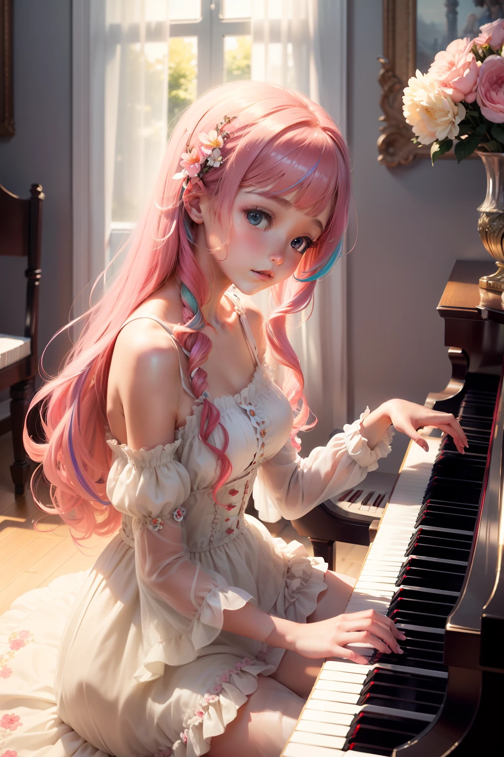 playing piano Playing the piano keys Hit the key girl with The hair long to Clear eyes colourfull Active pop music Music Artistically art by colourfull natural soft light Steinway elegent Beautiful Open florals cherry trees of flower gardens Cute