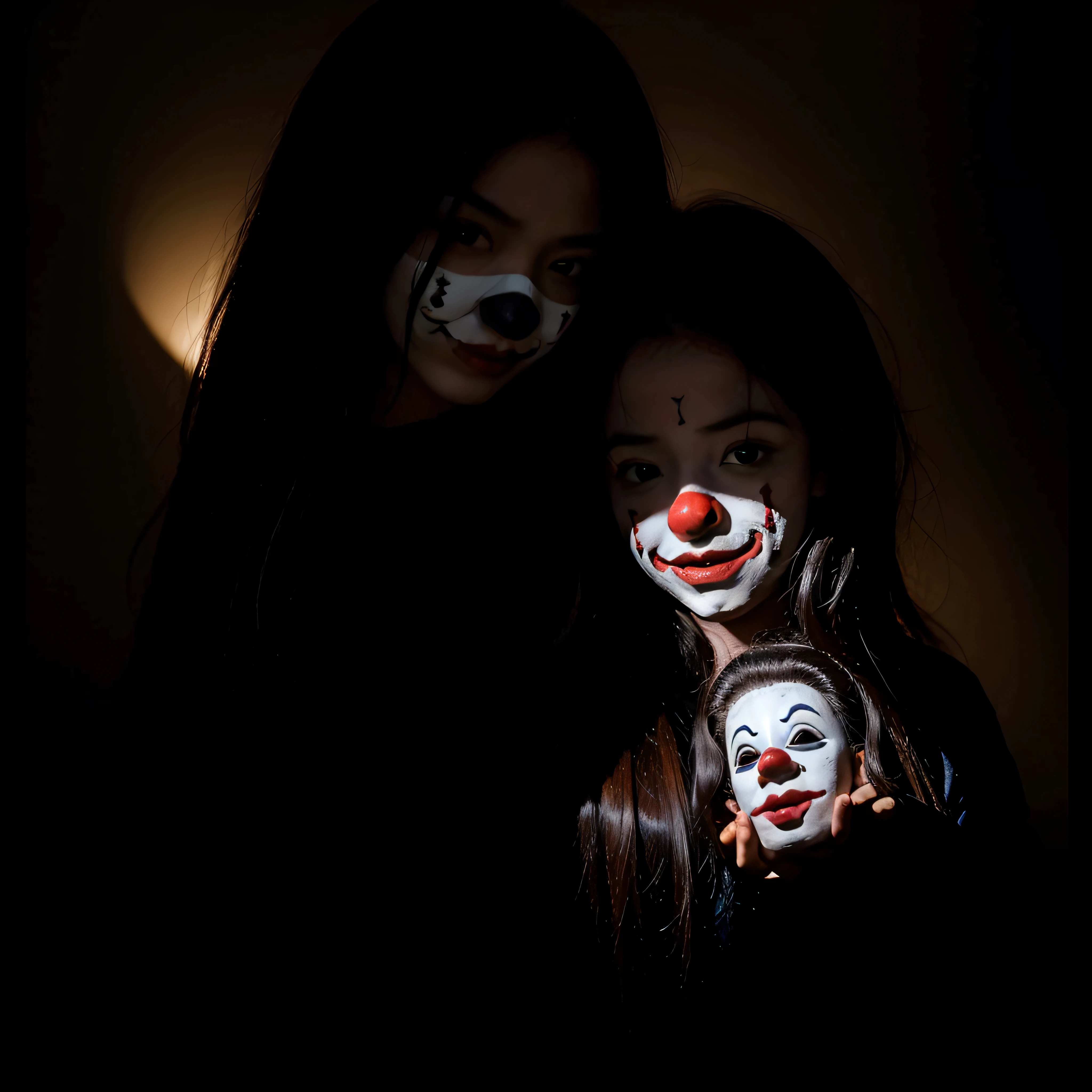 (extremadamente detallado, obra maestra, La mejor calidad, foto antigua, principios de siglo) dark kids with horror clown masks, colmillos, una linterna directa lo ilumina, bosque de noche. plano cercano. sangre por el suelo.