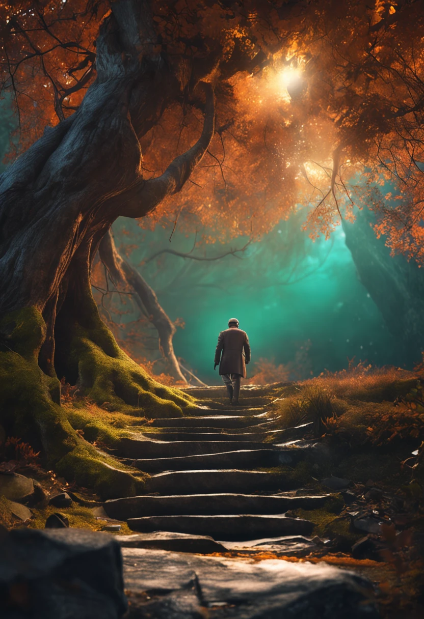 A mystical journey through an ancient forest, where young character meets a wise old man and learn valuable life lessons. iluminador, transformative and magical, encantador, ethereal. outro mundo. misterioso, espiritual e comovente. create an atmosphere of mystery and spiritual depth. profundo, thought-provoking and philosophical, Valuable life lessons learned