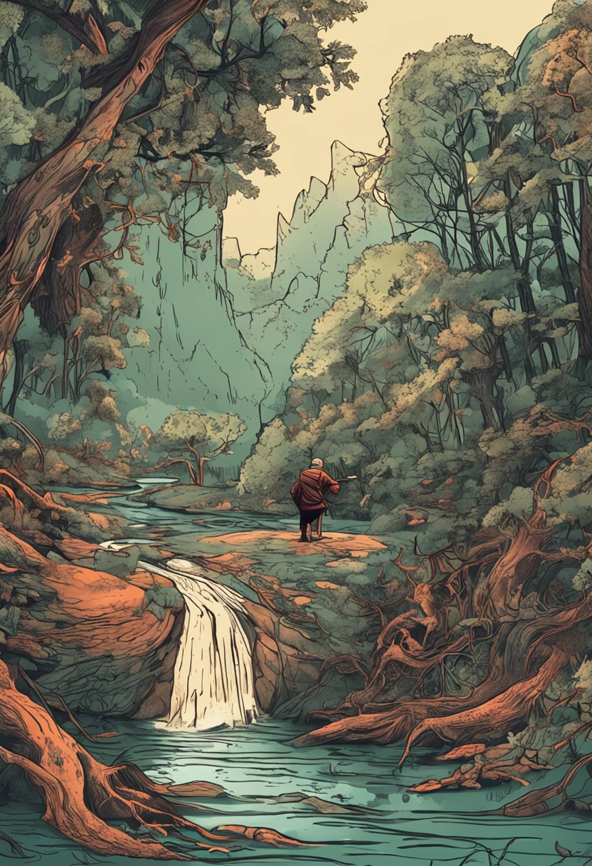 A mystical journey through an ancient forest, where young character meets a wise old man and learn valuable life lessons. iluminador, transformative and magical, encantador, ethereal. outro mundo. misterioso, espiritual e comovente. create an atmosphere of mystery and spiritual depth. profundo, thought-provoking and philosophical, Valuable life lessons learned