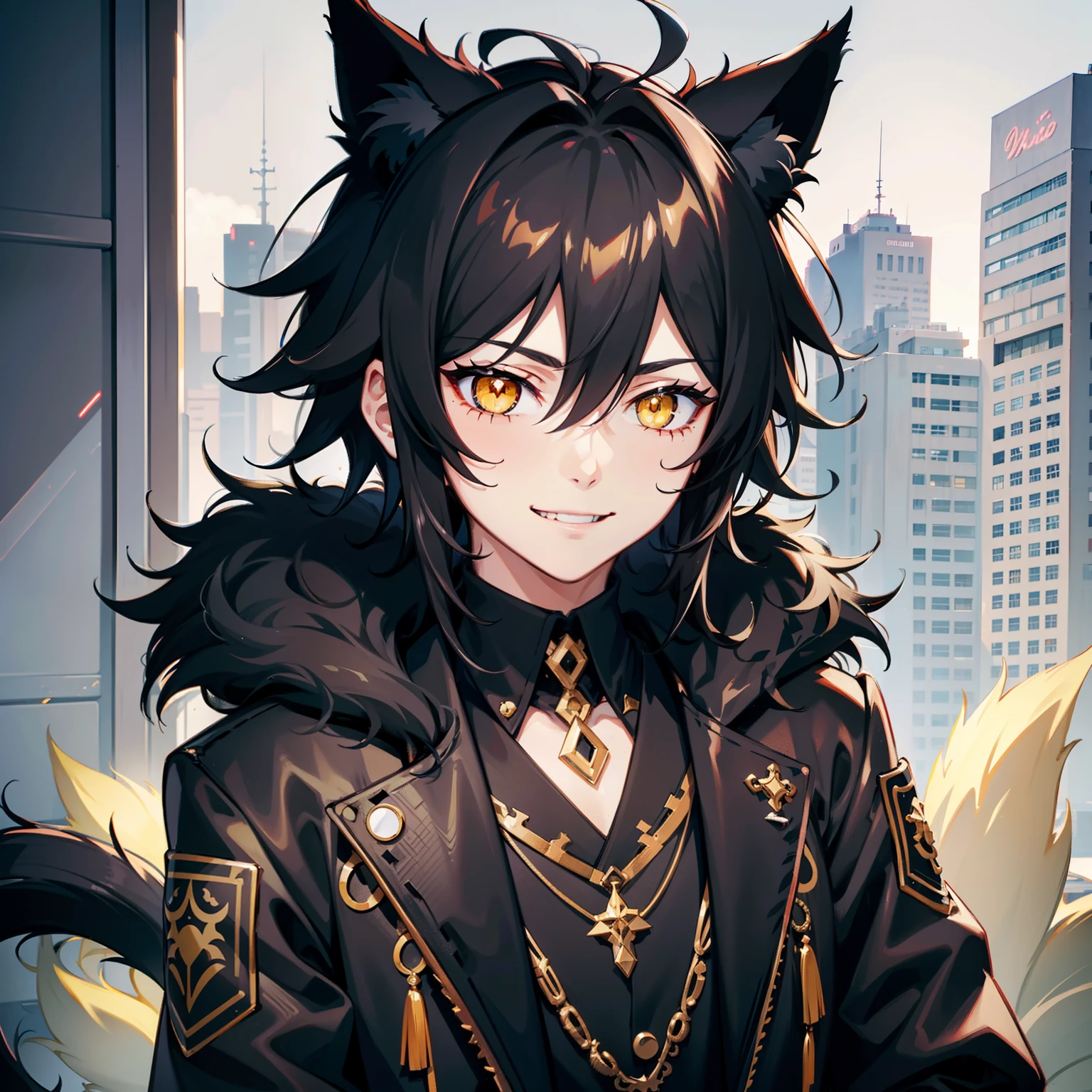 ultra detailed, best quality, finely detail, anime boy, neko, 1 boy, male, black hair, medium hair, messy spiky hair, volumous messy hair, black fur jacket, black clothes, cat ears, animal ears, black feline tail, black shorts, smile, relaxed expression, happy smile, anime smile, hood around the neck extremely large, white eyes, yellow pupils, extremely detailed eyes