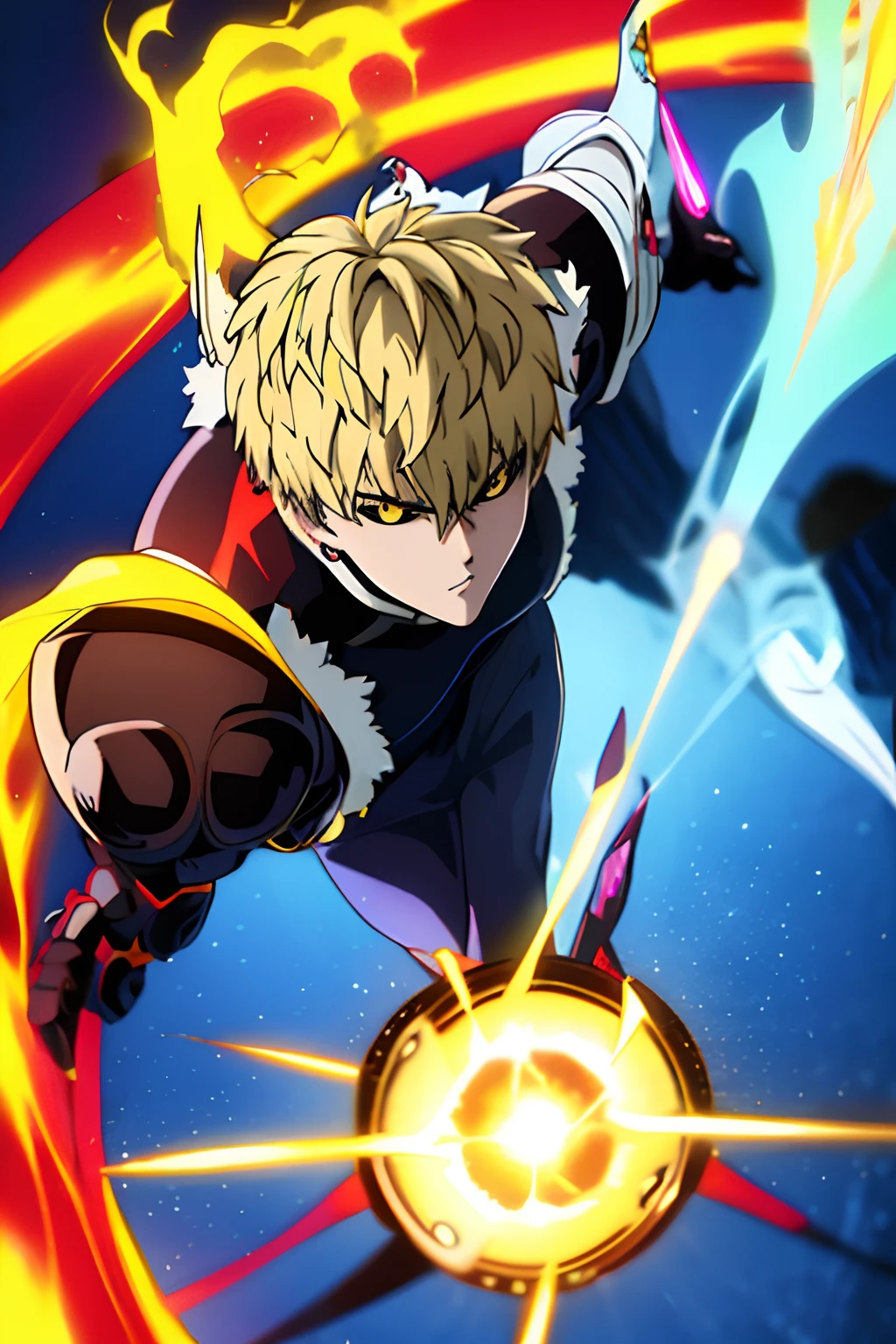 Genos, anime, Um soco, 1st grade, Foco masculino, 1st grade, parte superior do corpo, (aura amarela:1.4), blonde hair, sozinho, olhos brilhantes, avental, peitoral robotico, ciborgue, fire, esclera colorida, olhos amarelos, Esclera Negra, circunstanciado, best quality,