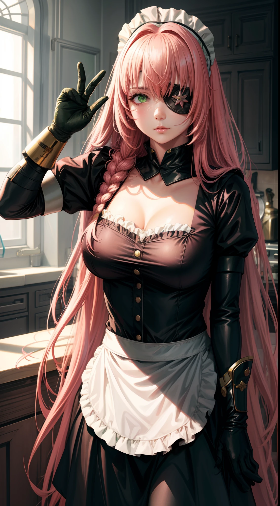 focused to upper body, realistic, 1girl, long pink hair, sparkling green eyes with 1 eyepatch, maid outfit with military shawl, standing pose, kitchen background, perfect limbs,