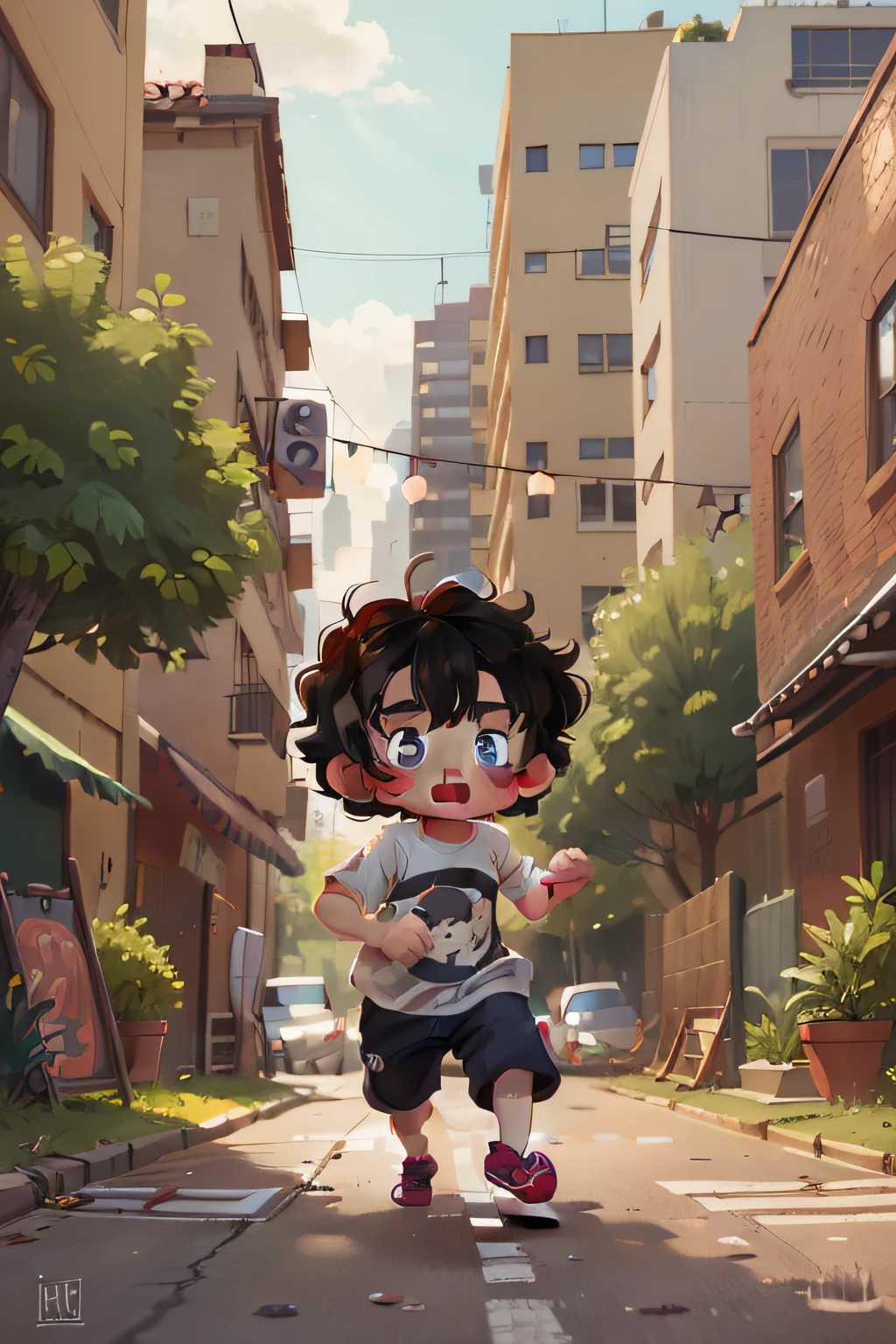 A cute boy, 8 years y black hair, curious eyes, very stubborn and mischievous, running in the streets, among the cars